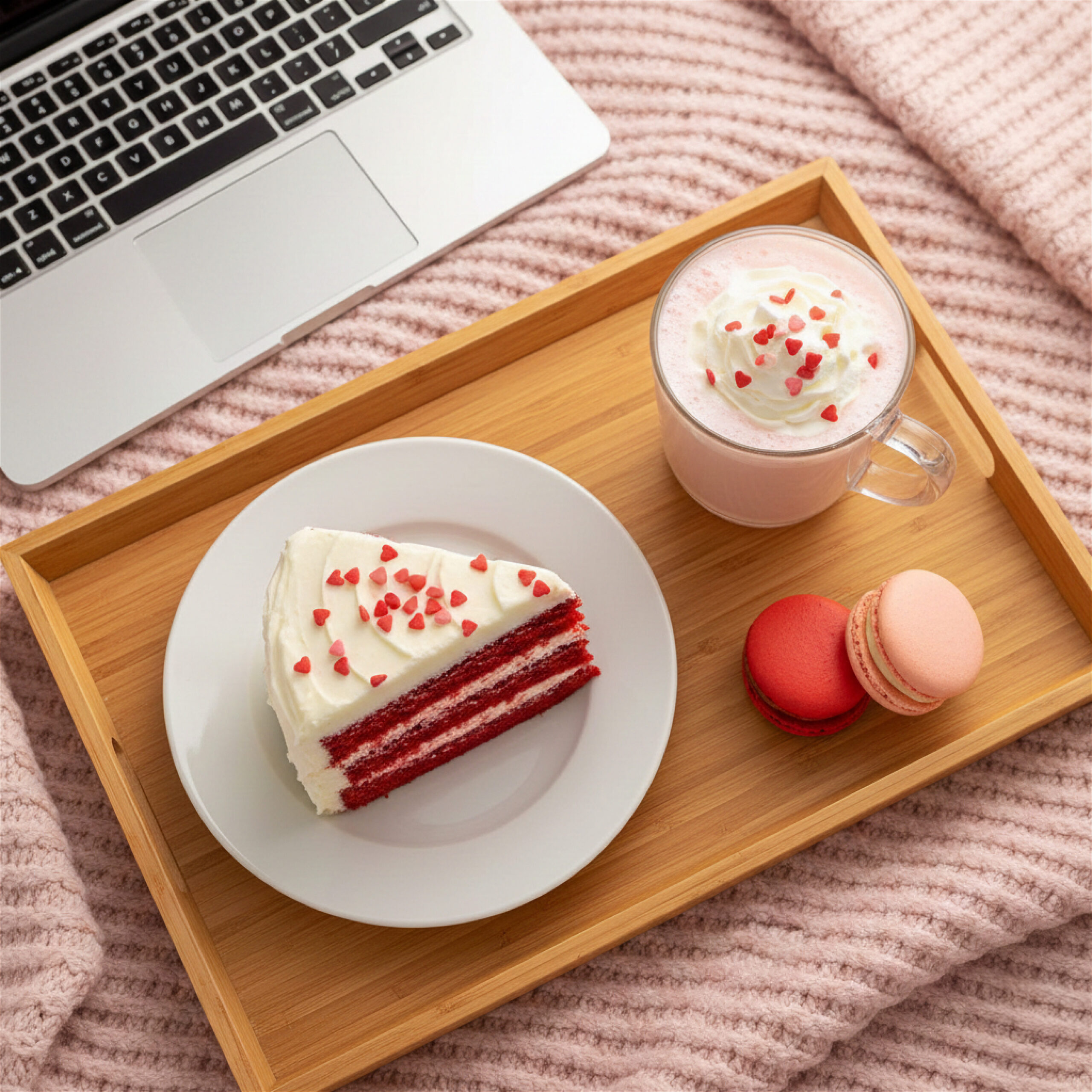A cozy setup with a laptop, a bamboo tray holding a slice of red velvet cake with heart sprinkles, a pink drink topped with cream, and two macarons on a pink knit blanket.