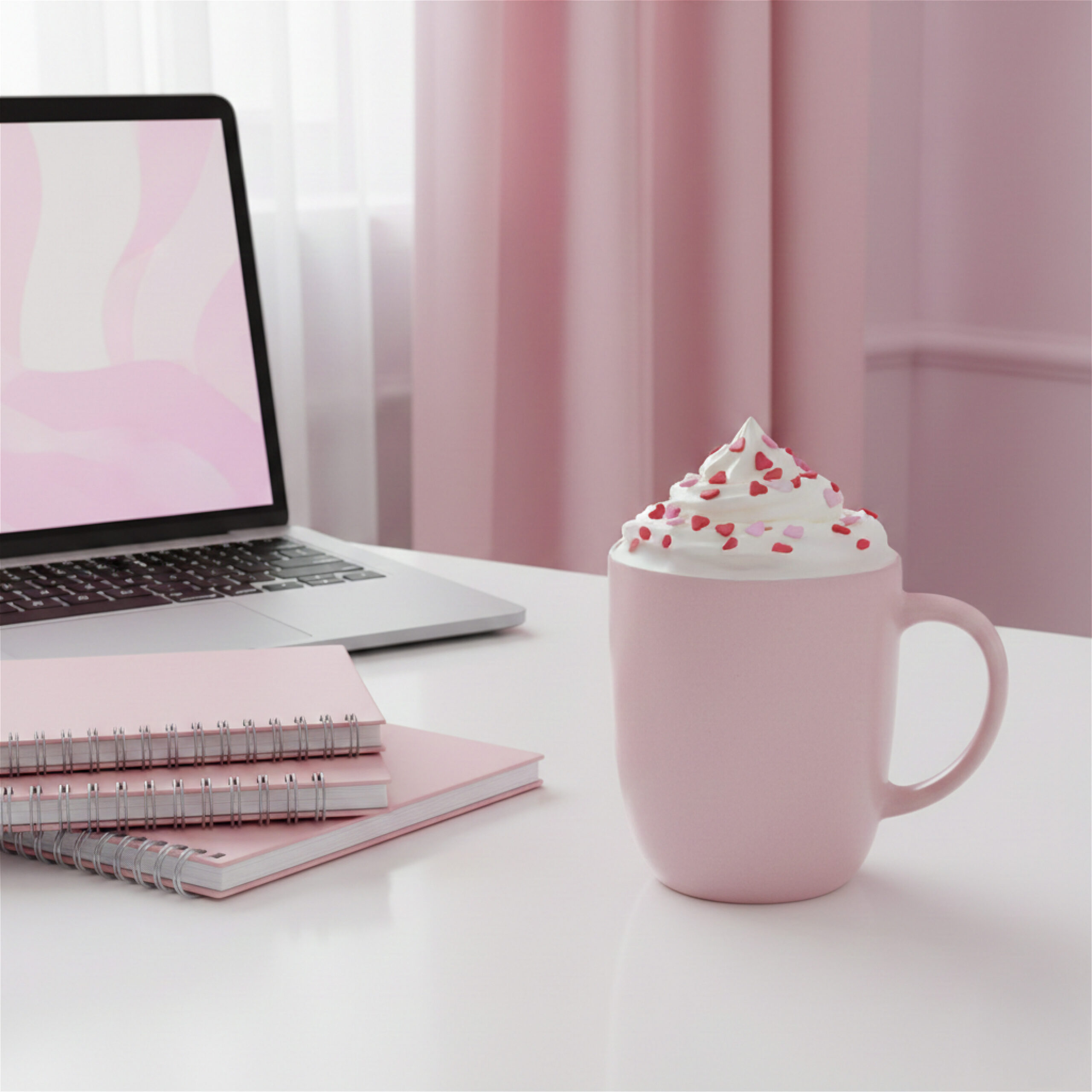 A pink-themed workspace featuring a pink mug with whipped cream and heart-shaped sprinkles, next to a laptop and pink notebooks. The tone is cozy and cheerful.