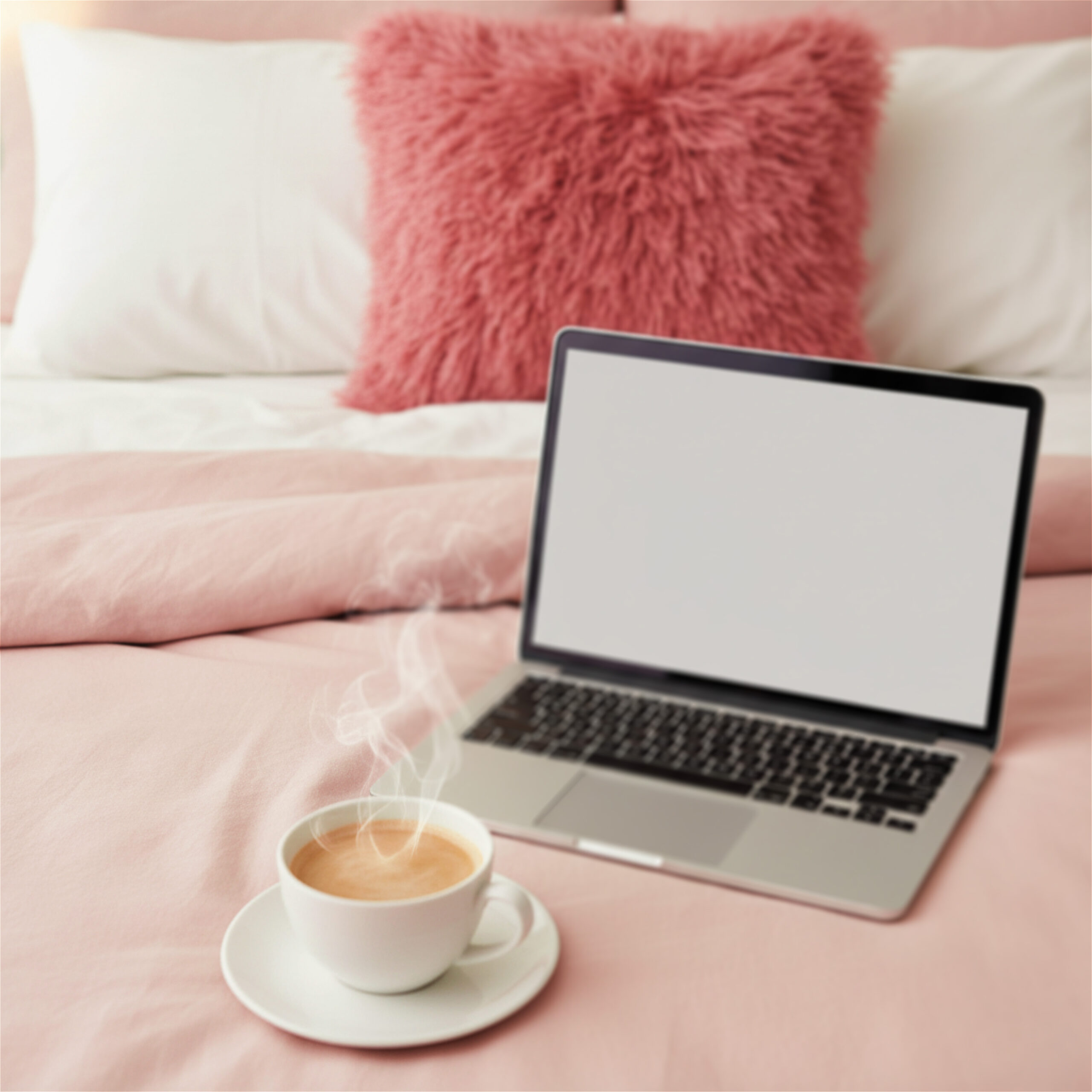 A cozy scene with an open laptop on a bed with pink sheets, a steaming cup of coffee beside it, and a fluffy pink pillow in the background, suggesting comfort and relaxation.