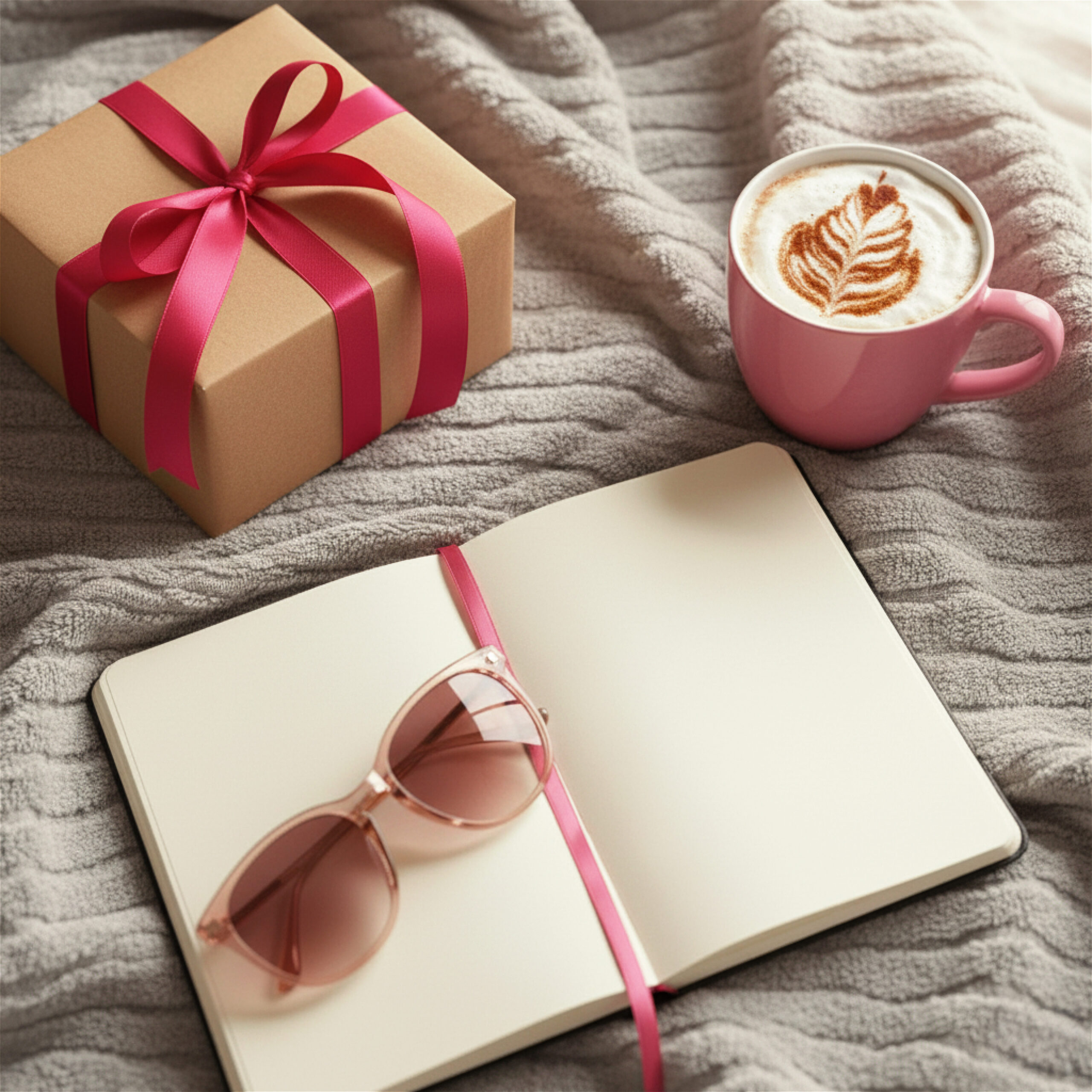A cozy scene for email marketing for digital products, featuring a brown gift box with a red ribbon, an open notebook with a pink ribbon and sunglasses, and a pink cup of latte on a soft gray blanket.