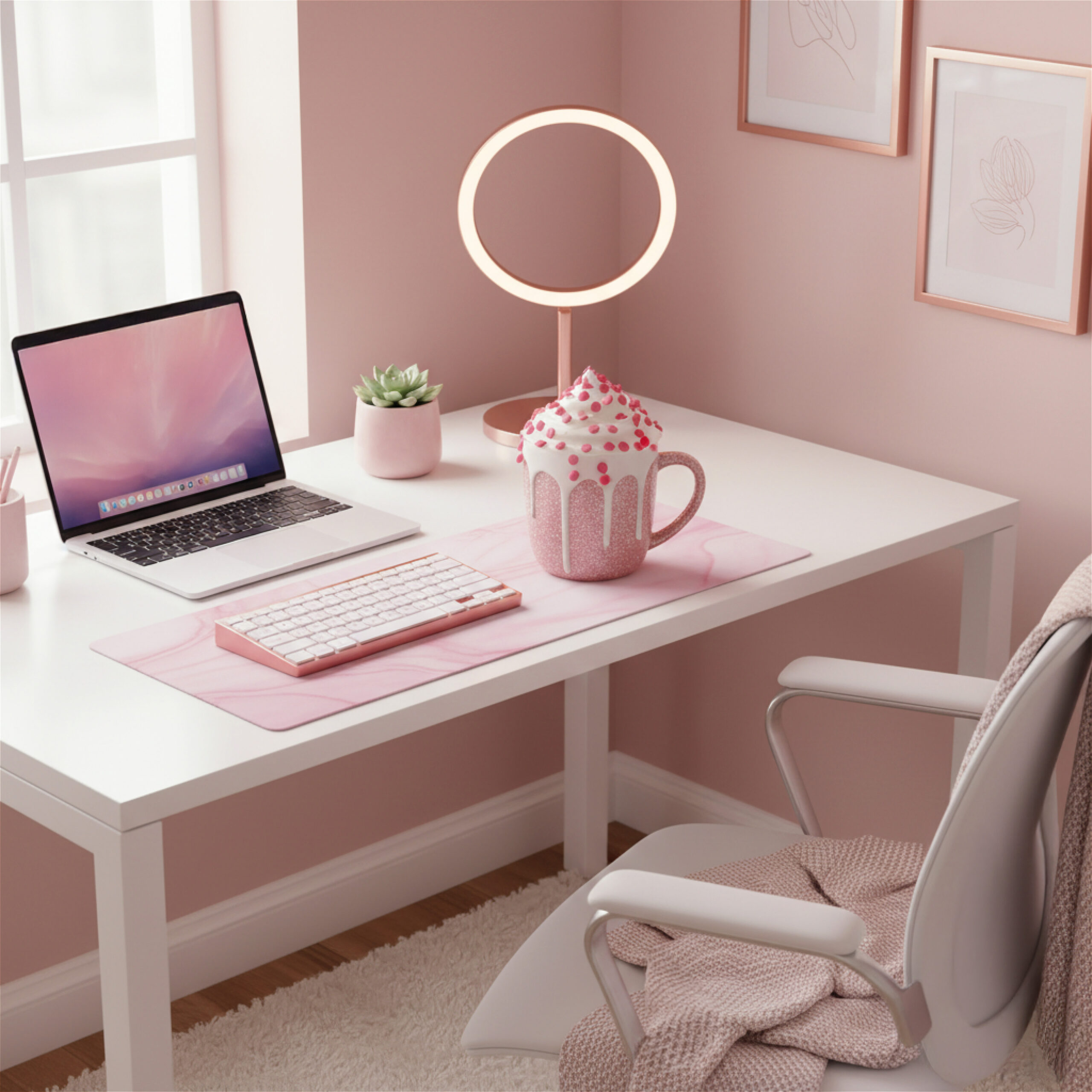A cozy pink-themed desk setup for email marketing for digital products, featuring a laptop, round lamp, succulent, large decorative mug, keyboard, and framed art. The scene feels warm and inviting.