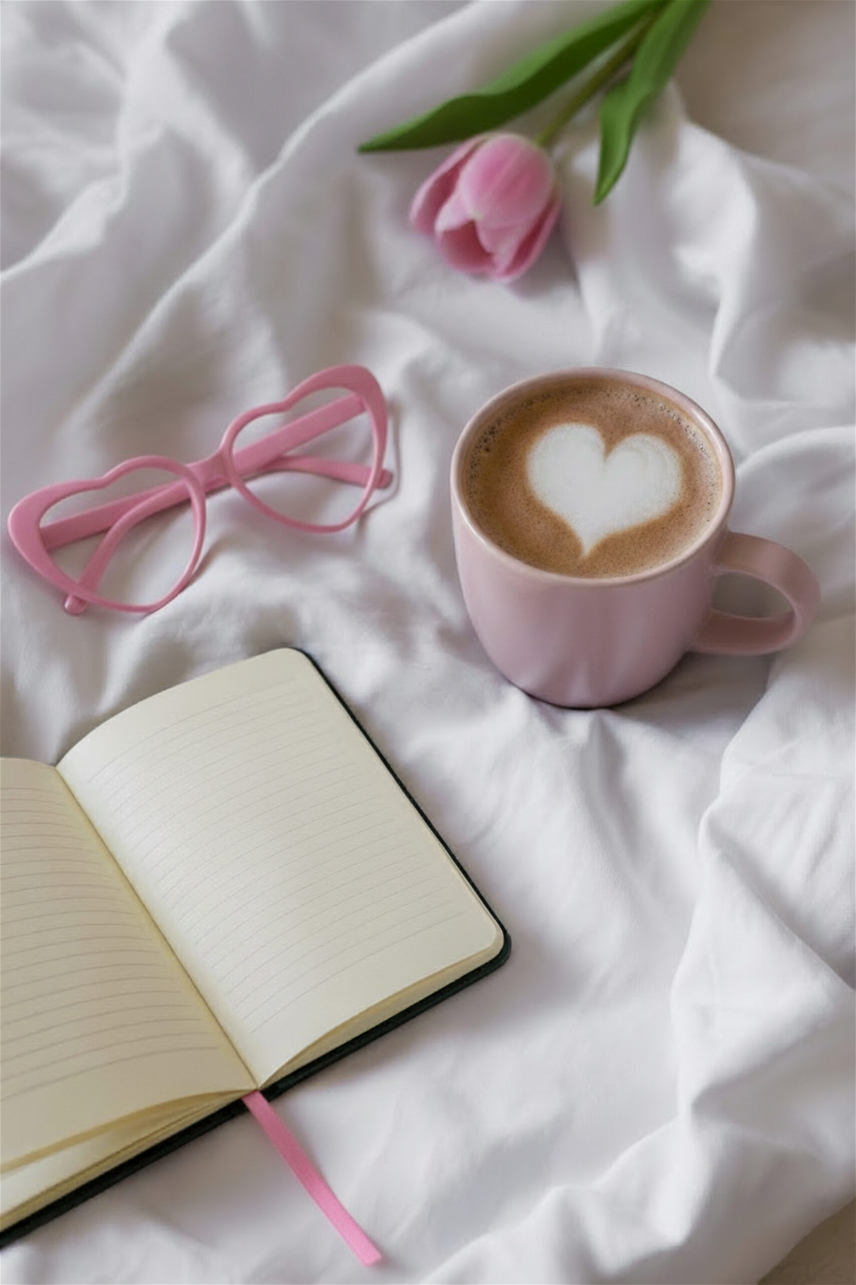 A heart-shaped latte in a pink mug sits on white fabric, next to heart-shaped pink glasses, a notebook (perfect for planning how to start a blog to promote digital products), and a pink tulip, creating a cozy, romantic vibe.