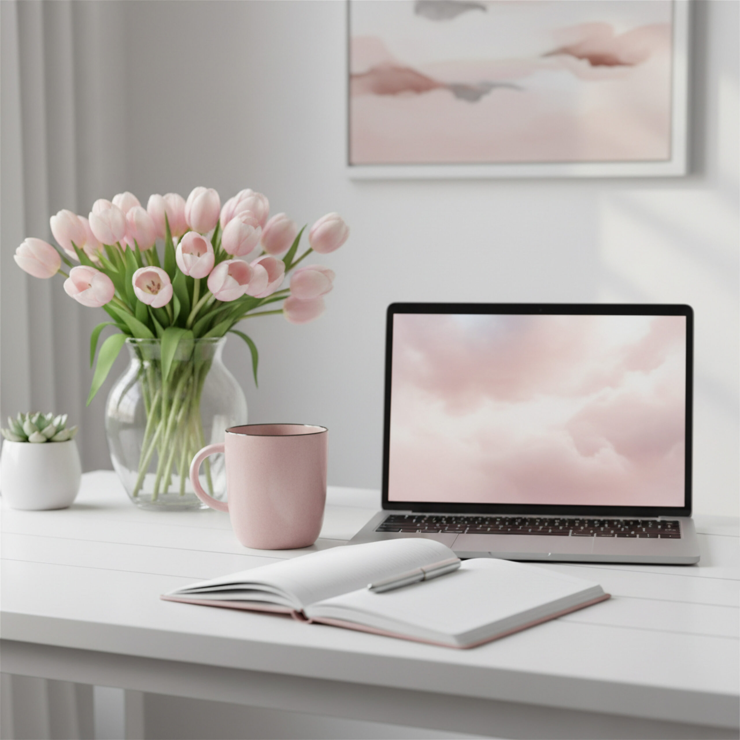 A serene workspace with a laptop displaying pink clouds, a vase of pink tulips, a pink mug, and an open notebook on a white desk. Soft, calming ambiance.