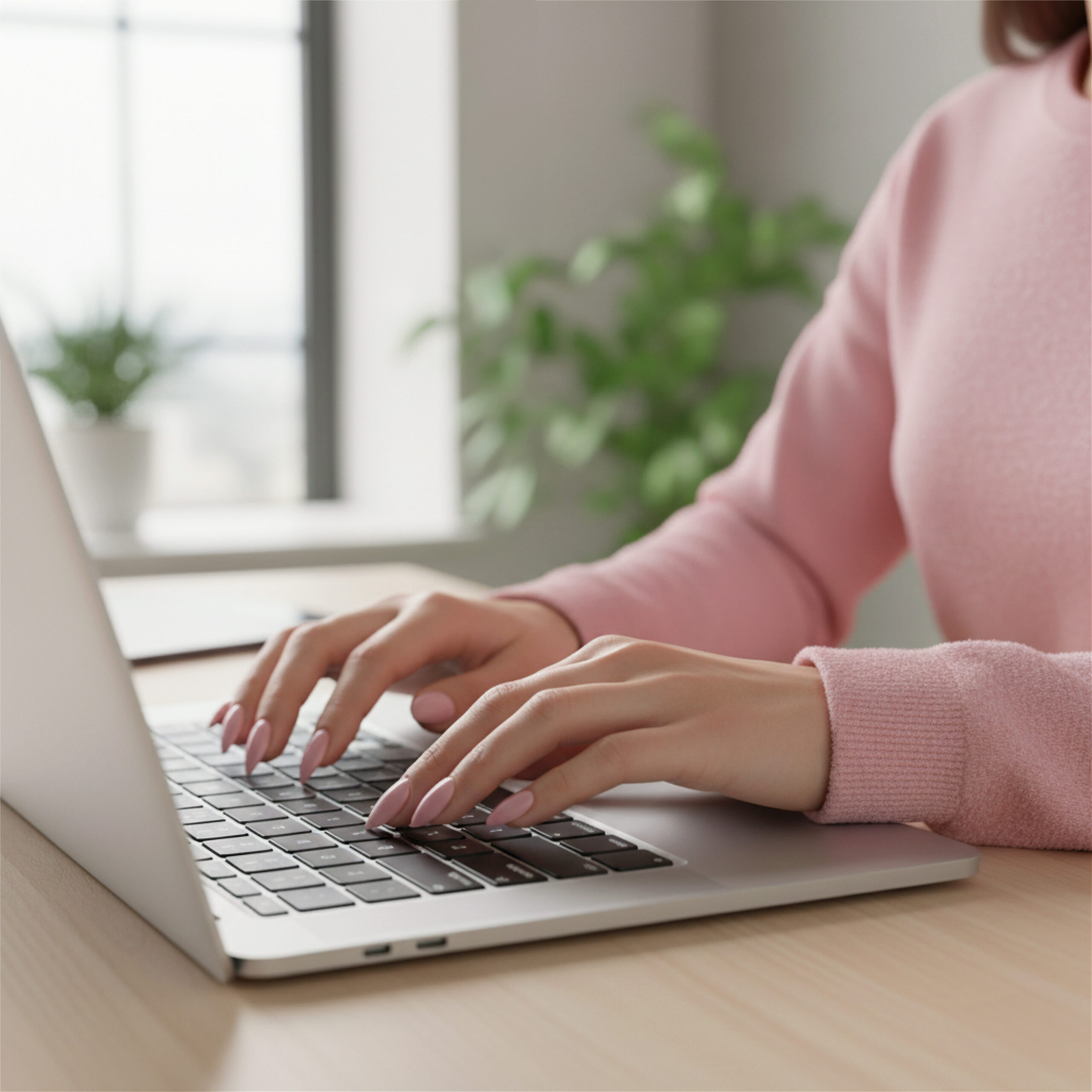 A person in a pink sweater types on a laptop in a bright, modern room, researching how to start a blog to promote digital products. A potted plant is blurred in the background, creating a calm, focused atmosphere.