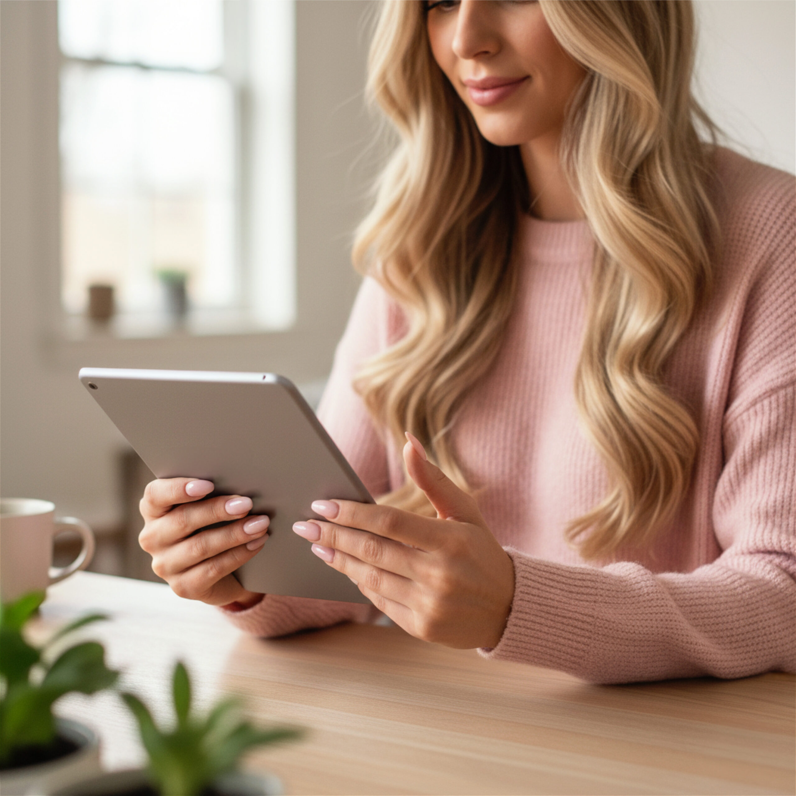 A woman with wavy blonde hair in a pink sweater smiles while using a tablet at a wooden table. A coffee cup and small plant add a cozy feel.