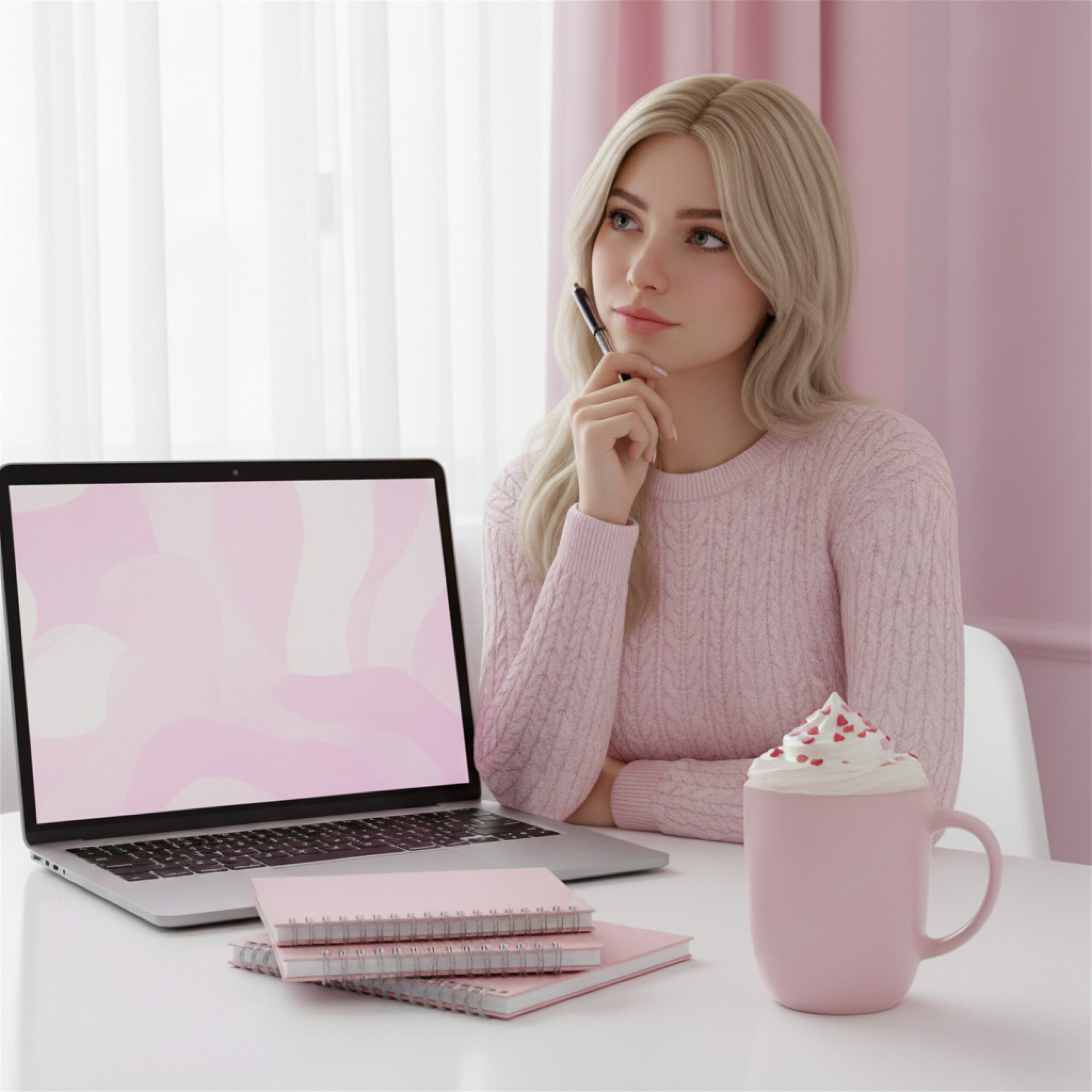 A thoughtful person in a pink sweater sits at a desk with a laptop, pink notebooks, and a pink mug topped with whipped cream, working on a digital products blog structure, creating a calm, stylish vibe.