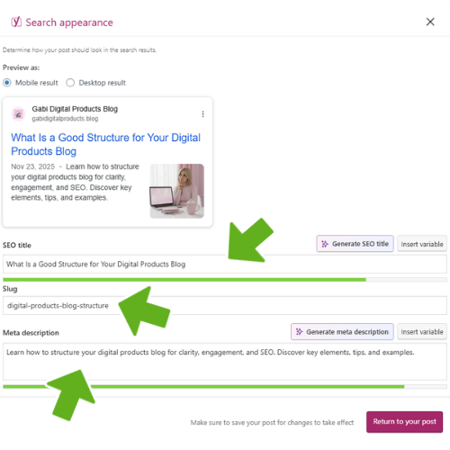 Screenshot of a search appearance settings page with fields for SEO title, slug, and meta description. Green arrows highlight text areas.