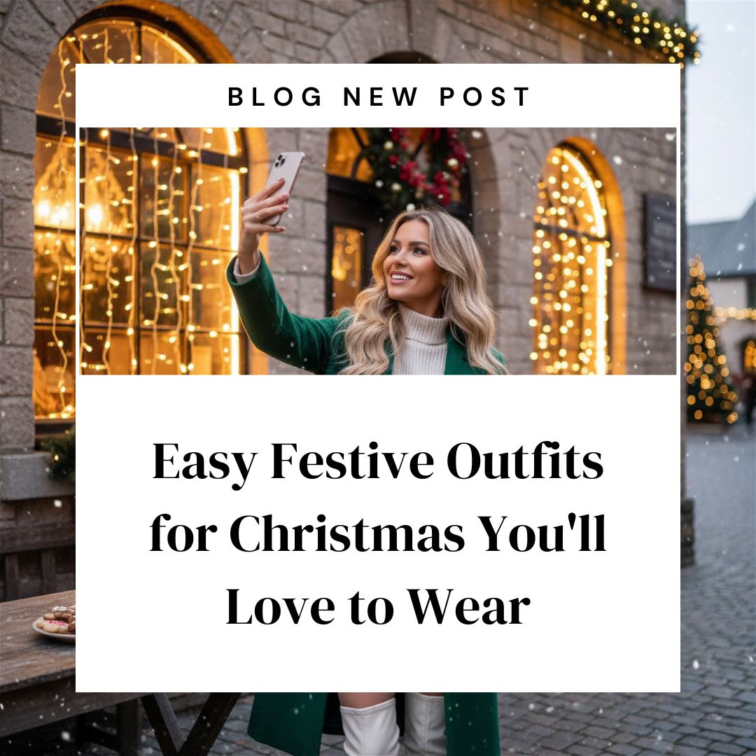 Blonde woman in a green coat takes a selfie outside a festive building with Christmas lights. Text: "Easy Festive Outfits for Christmas You'll Love to Wear."