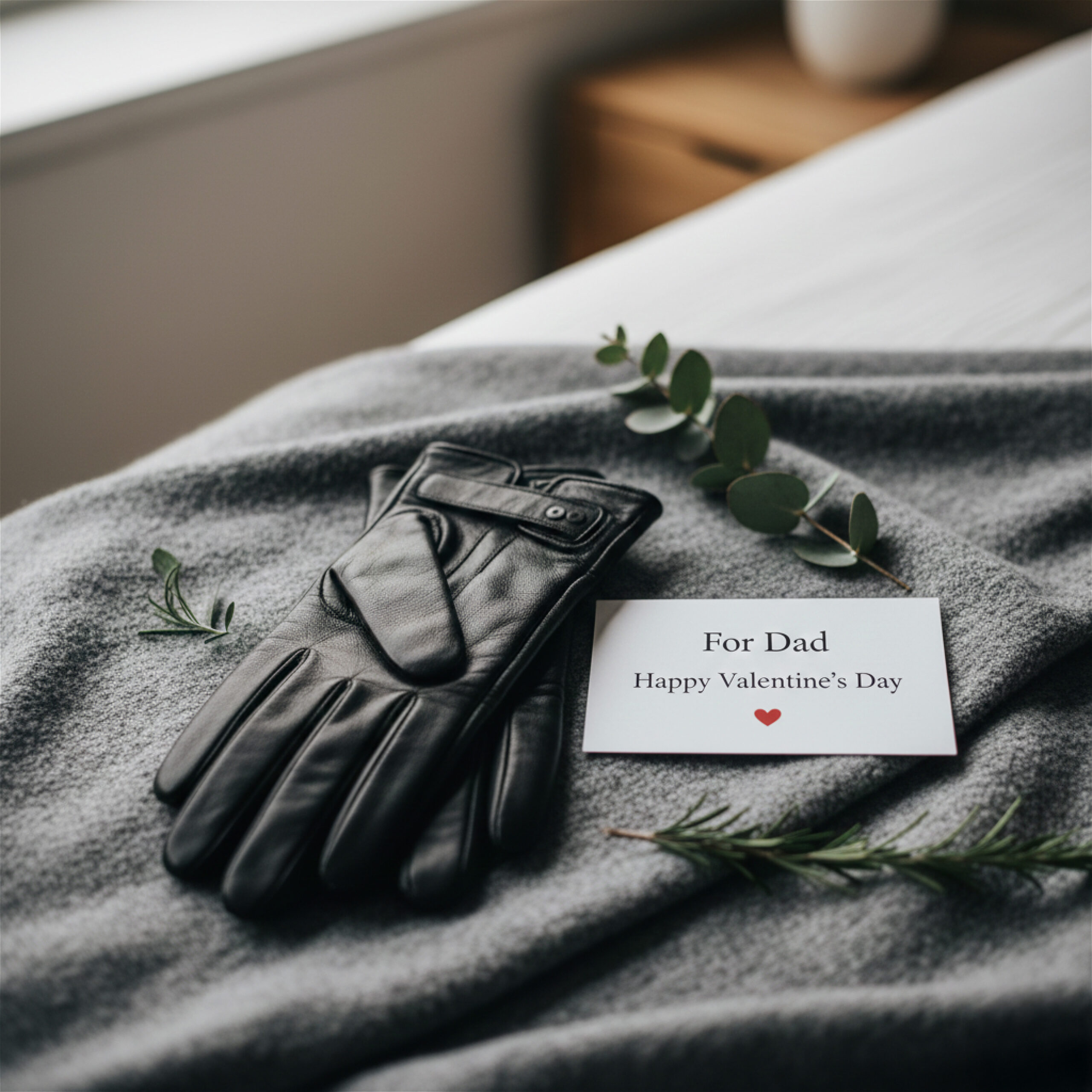 Black leather gloves and a card reading "For Dad, Happy Valentine’s Day" sit on a gray blanket, adorned with green foliage, creating a warm, thoughtful scene.