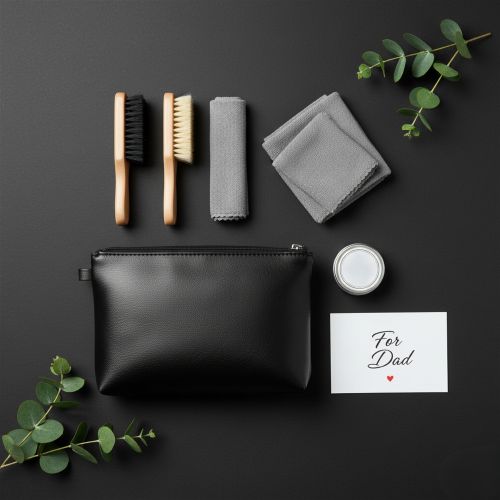 Black toiletry bag, two wooden brushes, gray cloths, and a small jar on a black background. A card with "For Dad" adds a heartfelt touch.