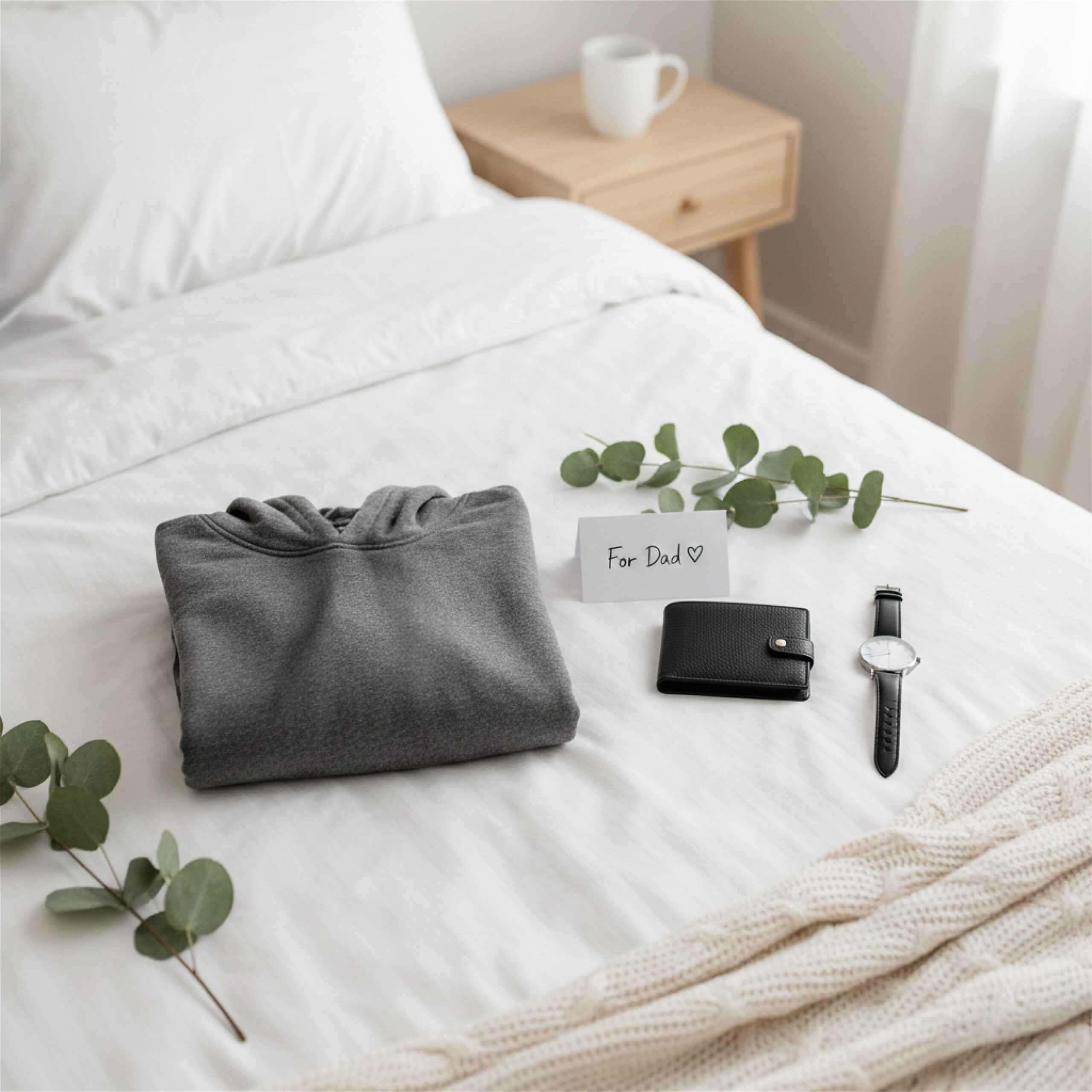 A folded gray hoodie, black wallet, and watch on a white bed with a note saying "For Dad" surrounded by green leaves; cozy and thoughtful vibe.
