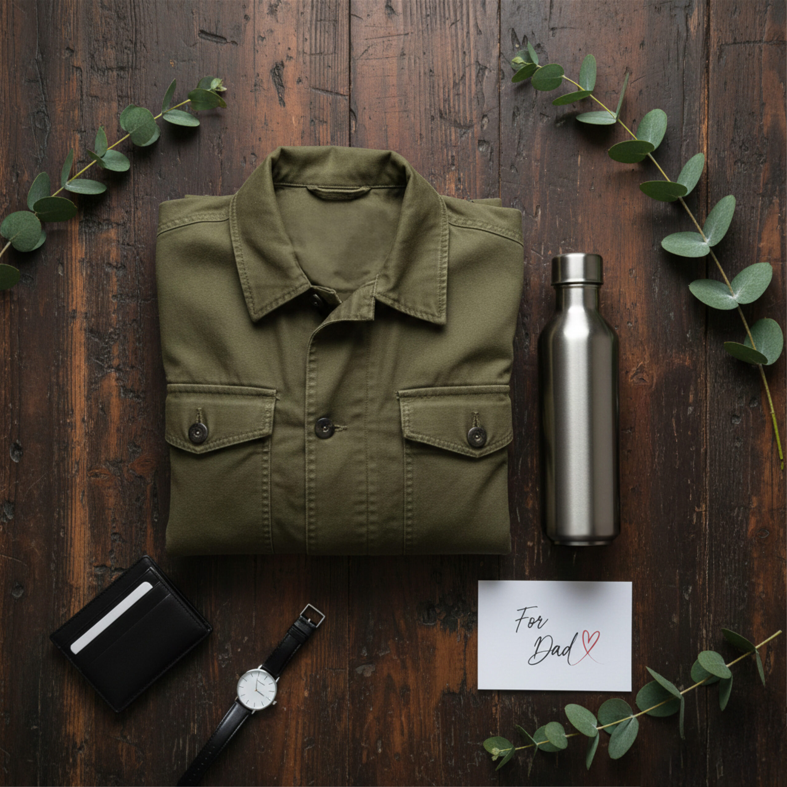 Folded olive green shirt, stainless steel bottle, black wallet, watch, and card reading "For Dad" on dark wooden surface with eucalyptus. Rustic, thoughtful gift setup.