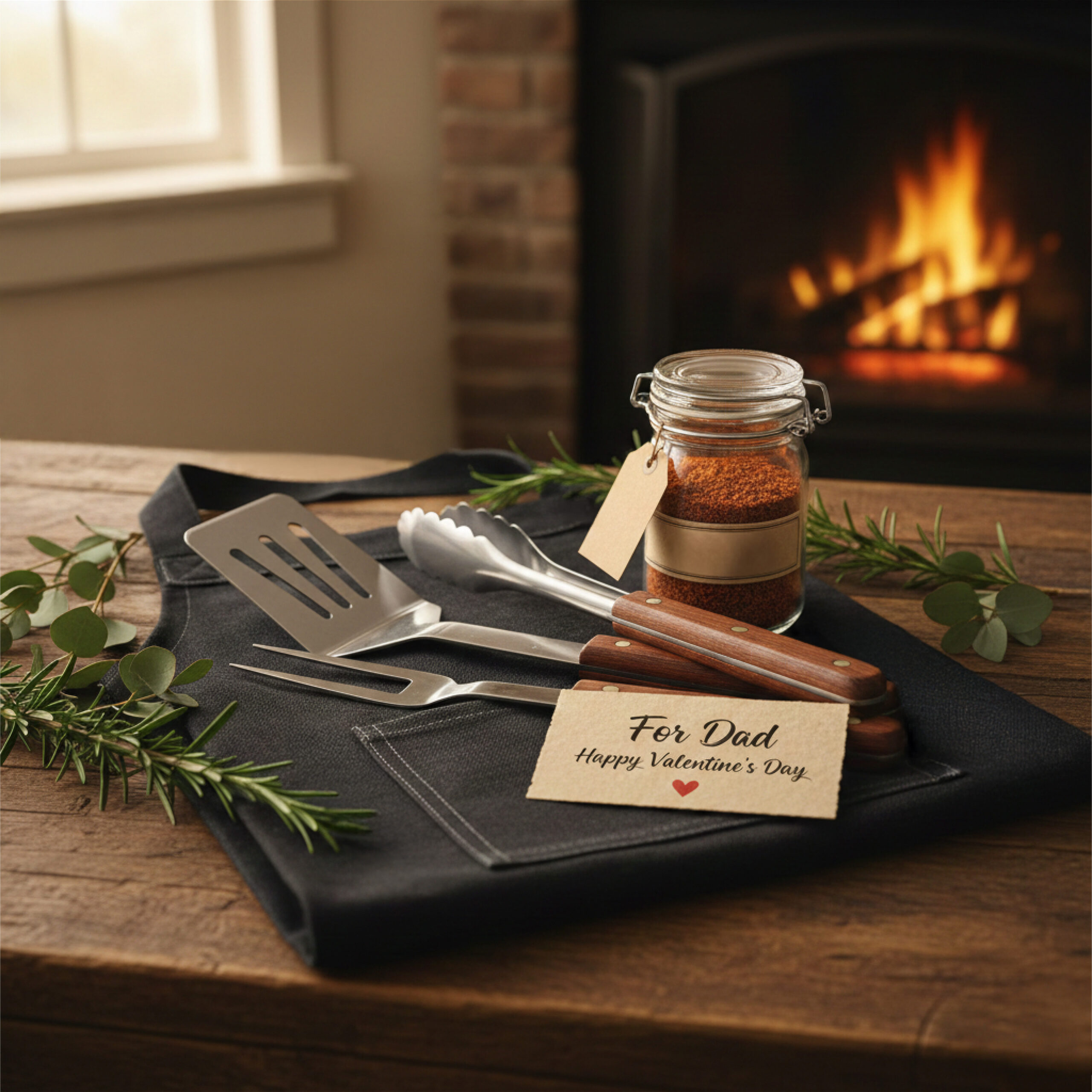 Barbecue tools with wooden handles and a spice jar sit on a folded black apron. A card reads "For Dad, Happy Valentine's Day." Warm fire glows in the background.