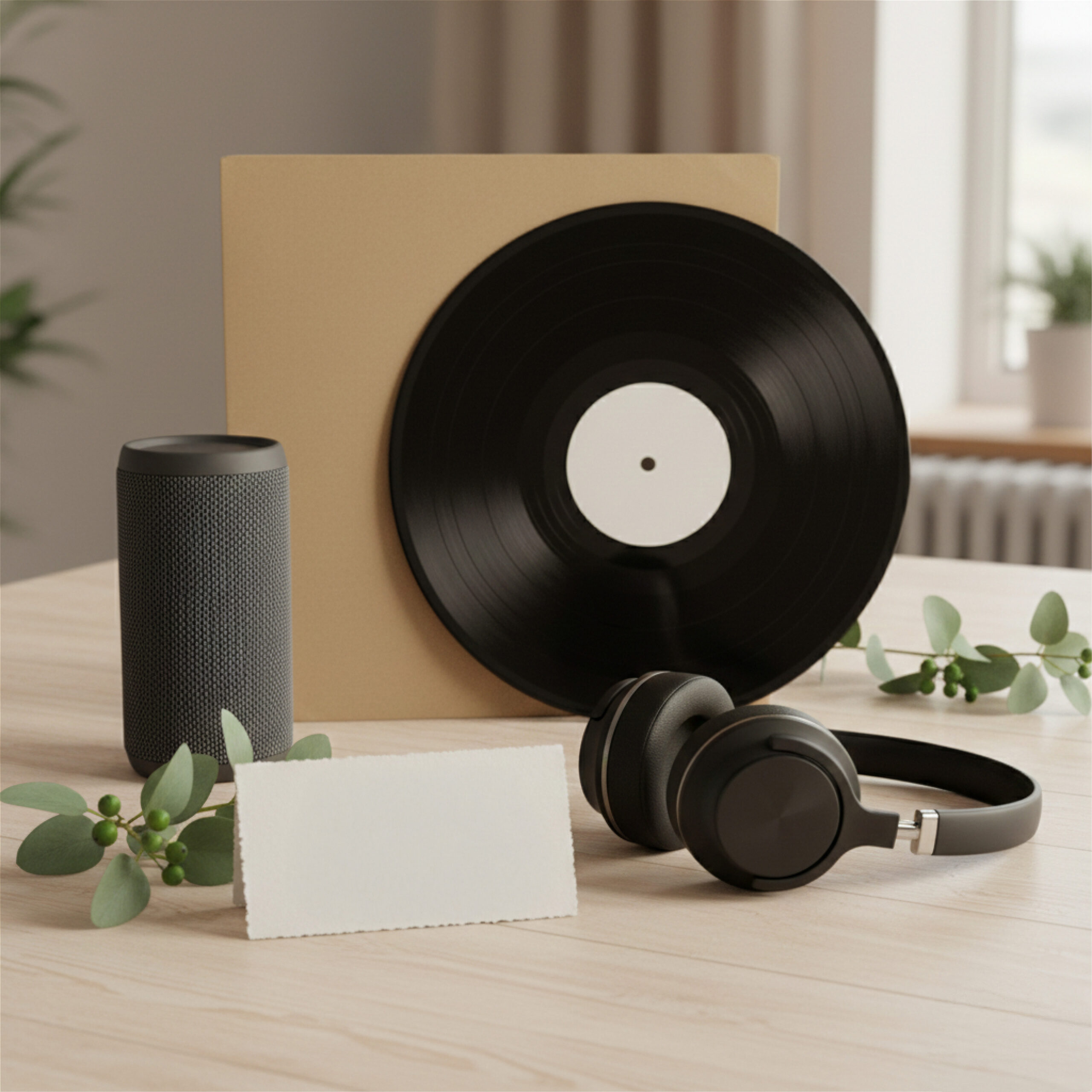 A vinyl record, headphones, and a smart speaker are arranged on a wooden table. Eucalyptus leaves add a natural touch, with a neutral, calm tone.