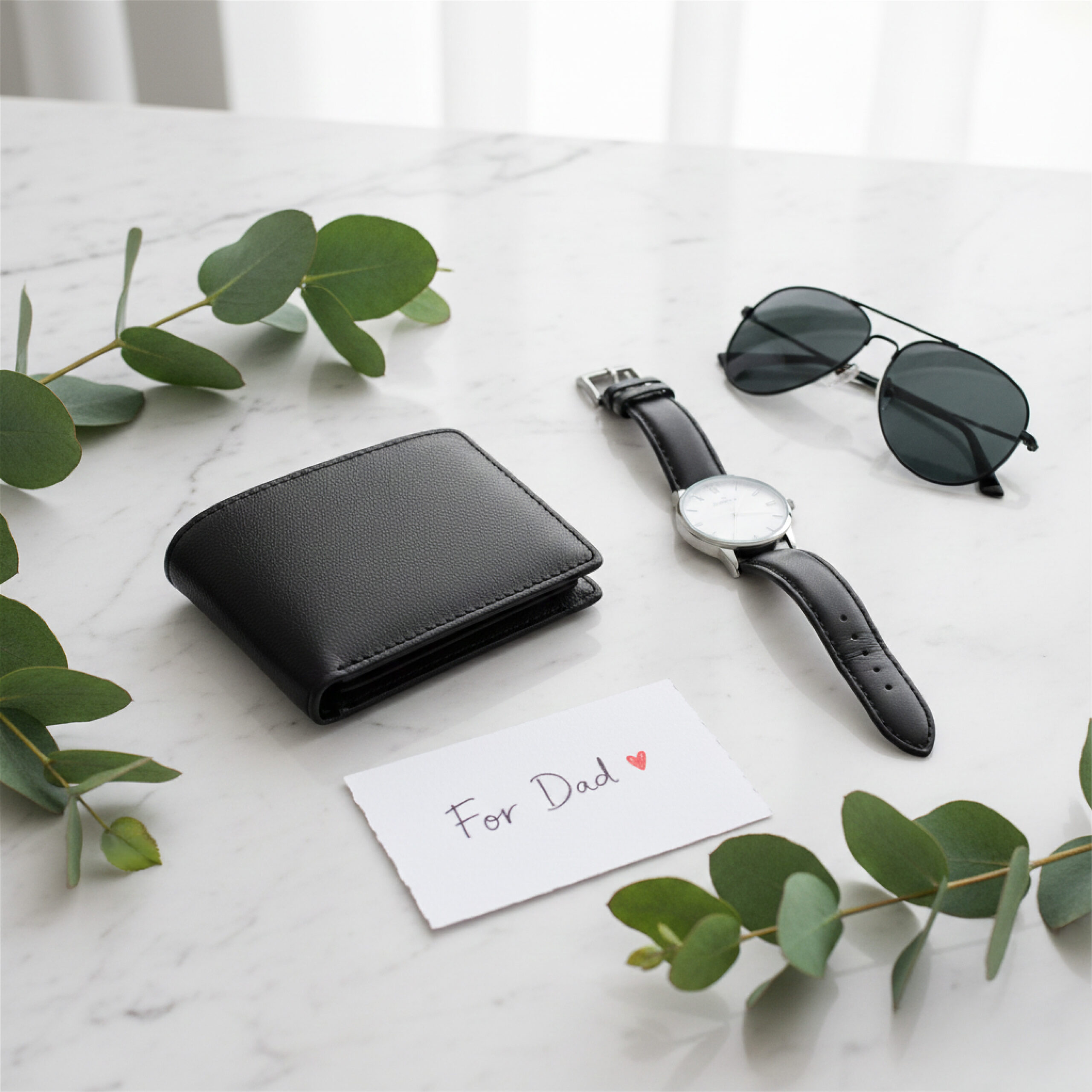 A black wallet, watch, and sunglasses on a marble surface with eucalyptus leaves. A note reads "For Dad" with a red heart, conveying a gift theme.