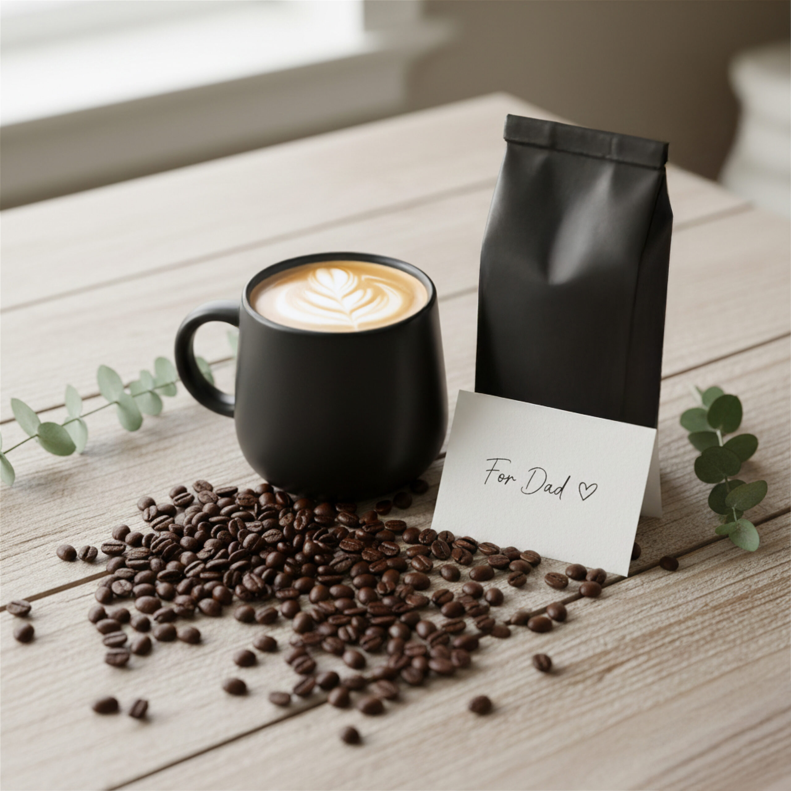 A black mug with a latte featuring latte art is on a wooden table. It's surrounded by scattered coffee beans, a small card reading "For Dad ♥", and eucalyptus leaves.