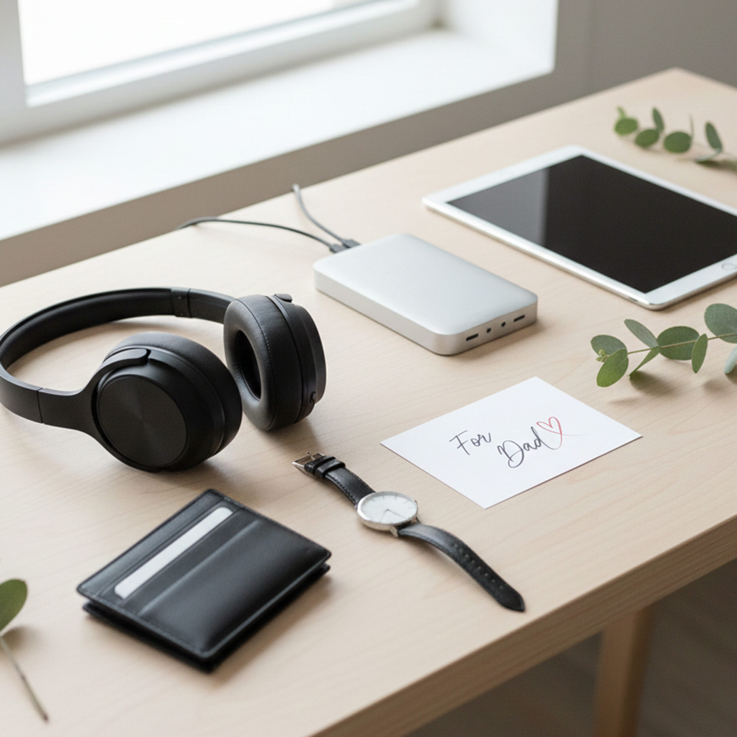 A tidy desk with headphones, tablet, power bank, and watch arranged neatly. A card labeled "For Dad" with a heart adds a thoughtful touch.