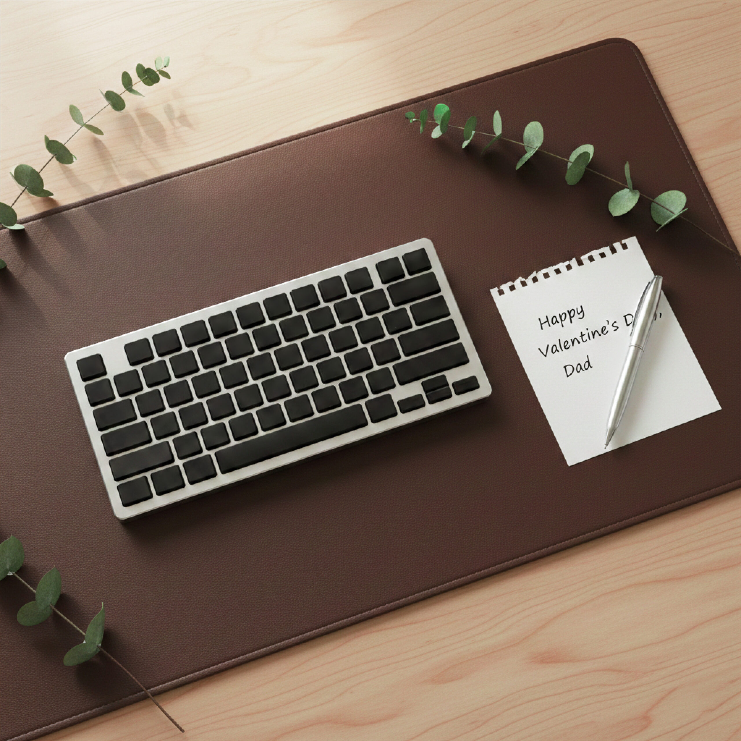 A minimalist desk setup features a keyboard, a pen, and a note on brown leather. The note reads "Happy Valentine's Day, Dad." Eucalyptus leaves add a natural touch.