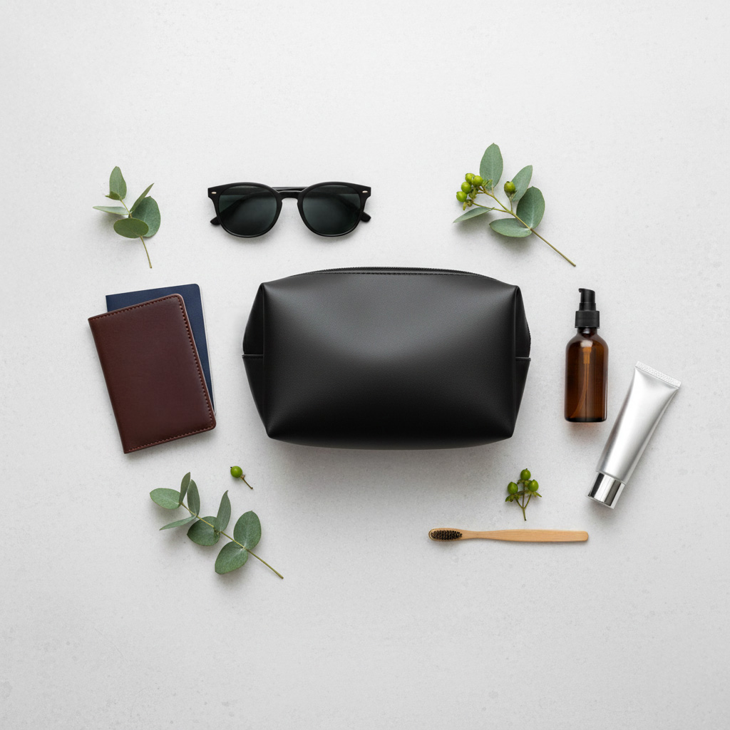 Travel essentials flat lay: black toiletry bag, sunglasses, brown passport holder, toothbrush, spray bottle, and cream tube on a light surface with green leaves.