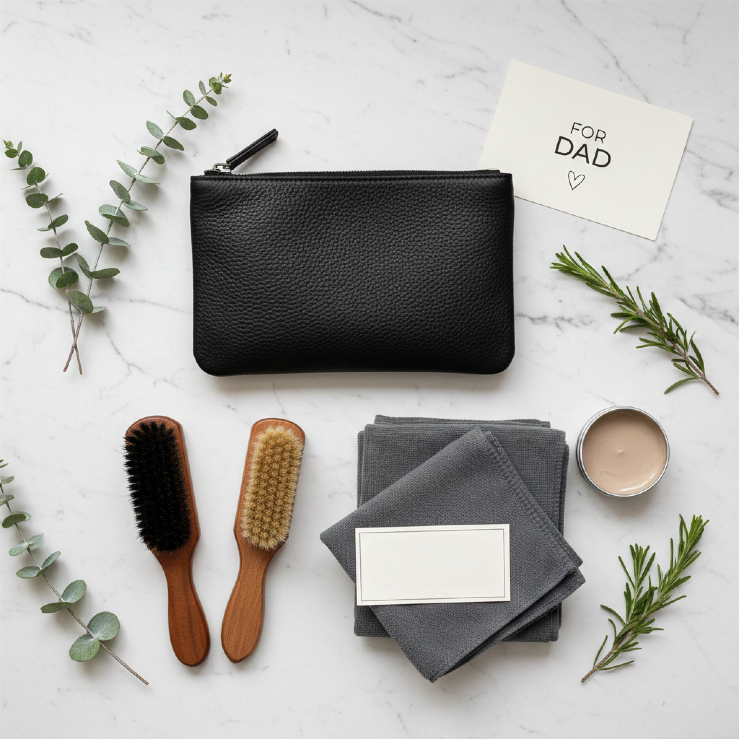 A flat lay of a Father's Day gift set on a marble surface. Includes a black pouch, two brushes, cloths, shoe polish, and a card that reads "For Dad." The arrangement is enhanced with sprigs of eucalyptus and rosemary, conveying a thoughtful, elegant vibe.