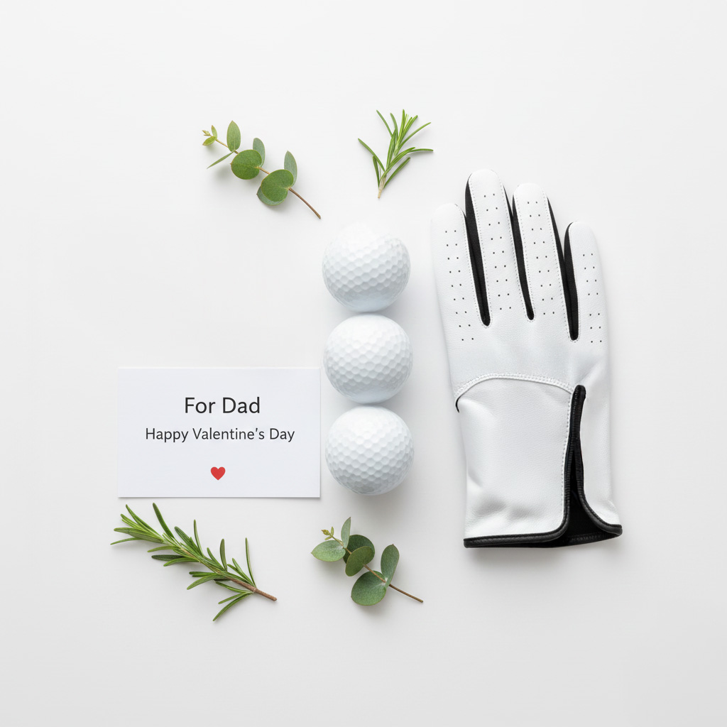 A golf glove and three balls are arranged next to a card that reads "For Dad, Happy Valentine’s Day" with a heart. Greenery adds a fresh touch.