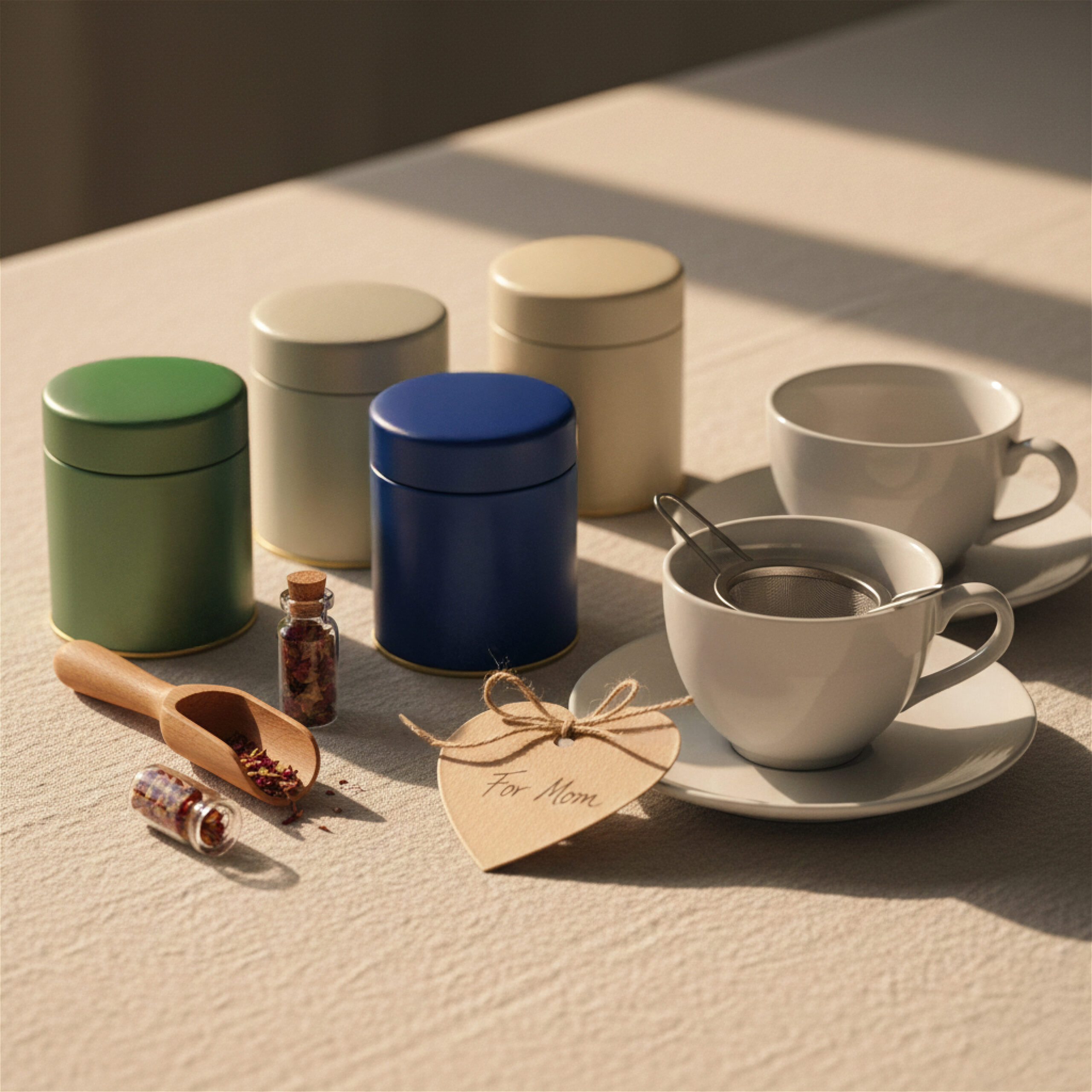 A charming tea setup, featuring four colorful tins, two white cups with saucers, a strainer, wooden scoop, and small jars, all with a special "For Mom" tag. This makes for thoughtful Valentine's Day presents for mom to enjoy a cozy ambiance.