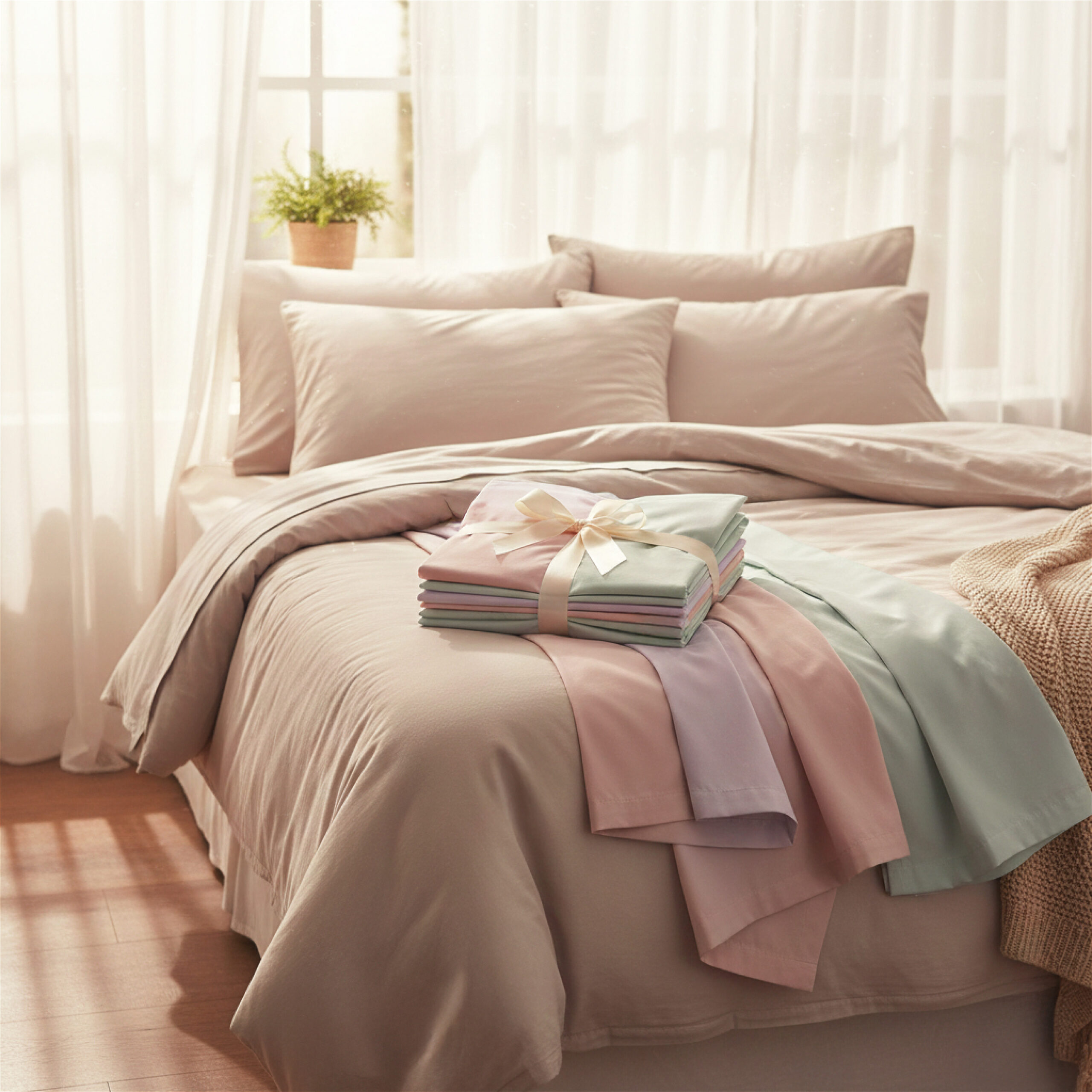 Cozy bedroom with soft pink bedding, pastel-colored sheets neatly folded with a ribbon on the bed. Sunlight filters through sheer curtains, creating a serene ambiance.