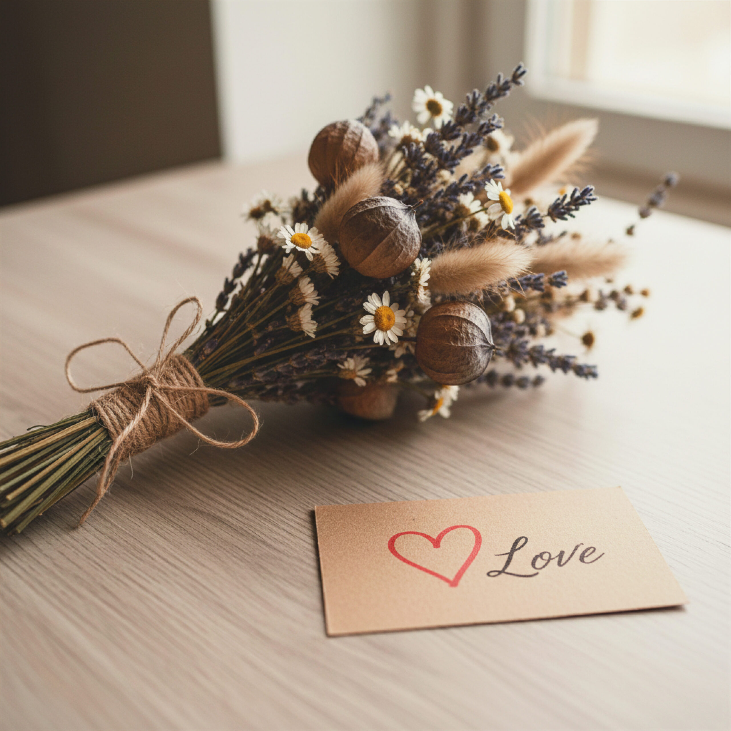 A rustic bouquet of daisies, lavender, and nuts tied with twine beside a card with a red heart and "Love" on a wooden table by a window.