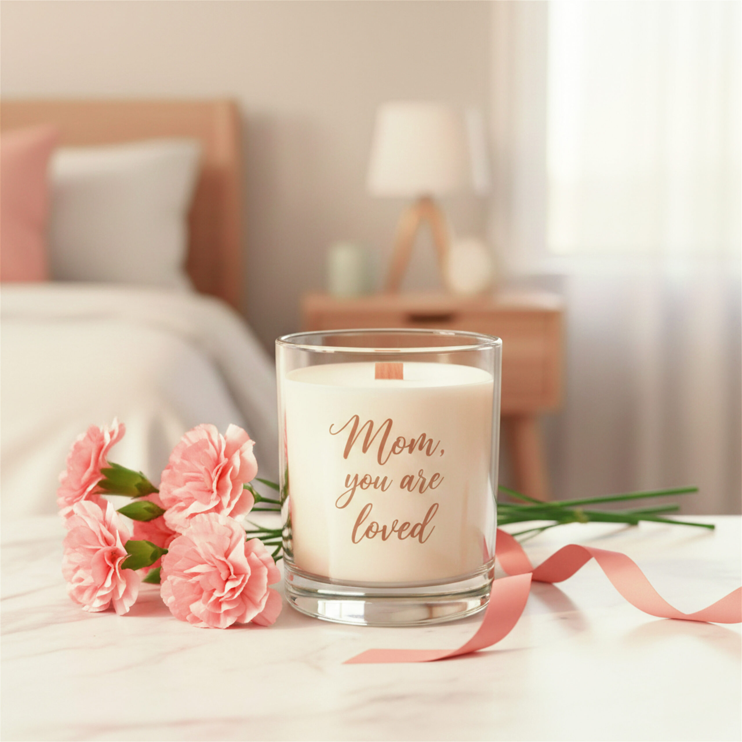 A glass candle with "Mom, you are loved" text sits on a table with pink carnations and ribbon in a cozy bedroom setting, conveying warmth and appreciation. This beautiful item makes a fantastic choice among Valentine's Day presents for mom.
