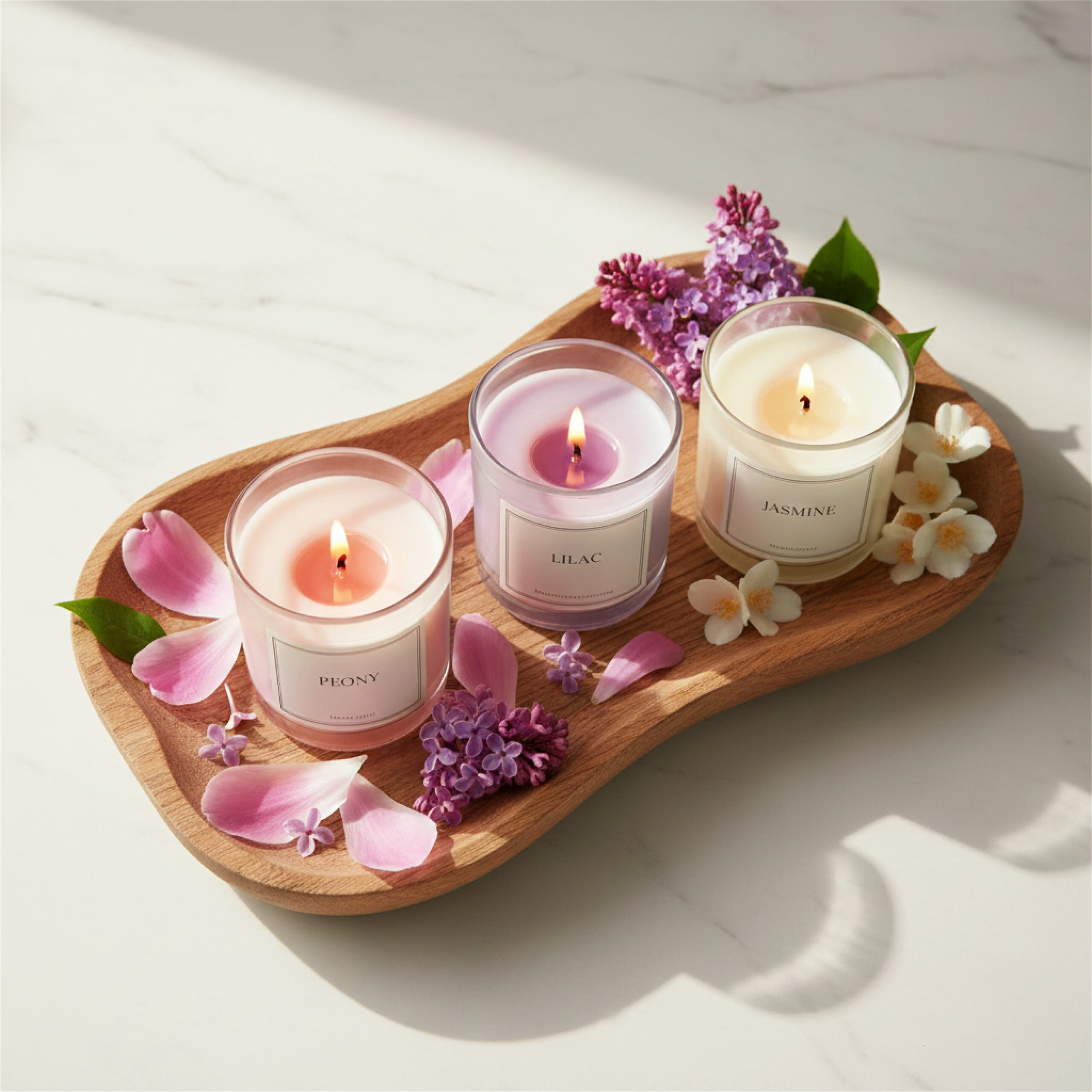 Three lit candles labeled Peony, Lilac, and Jasmine on a wooden tray, surrounded by lilac flowers and pink petals. Bright, serene atmosphere.