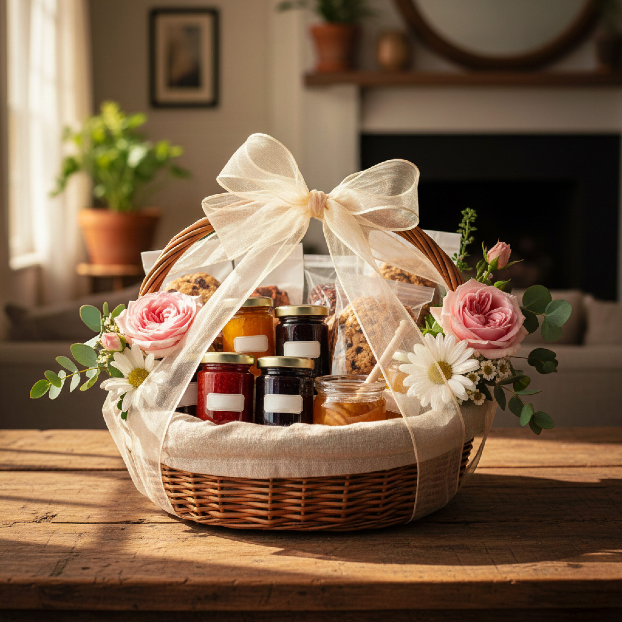 Gift basket with assorted jams and cookies, adorned with pink roses, daisies, and a sheer ribbon, sitting on a wooden table in a cozy living room.