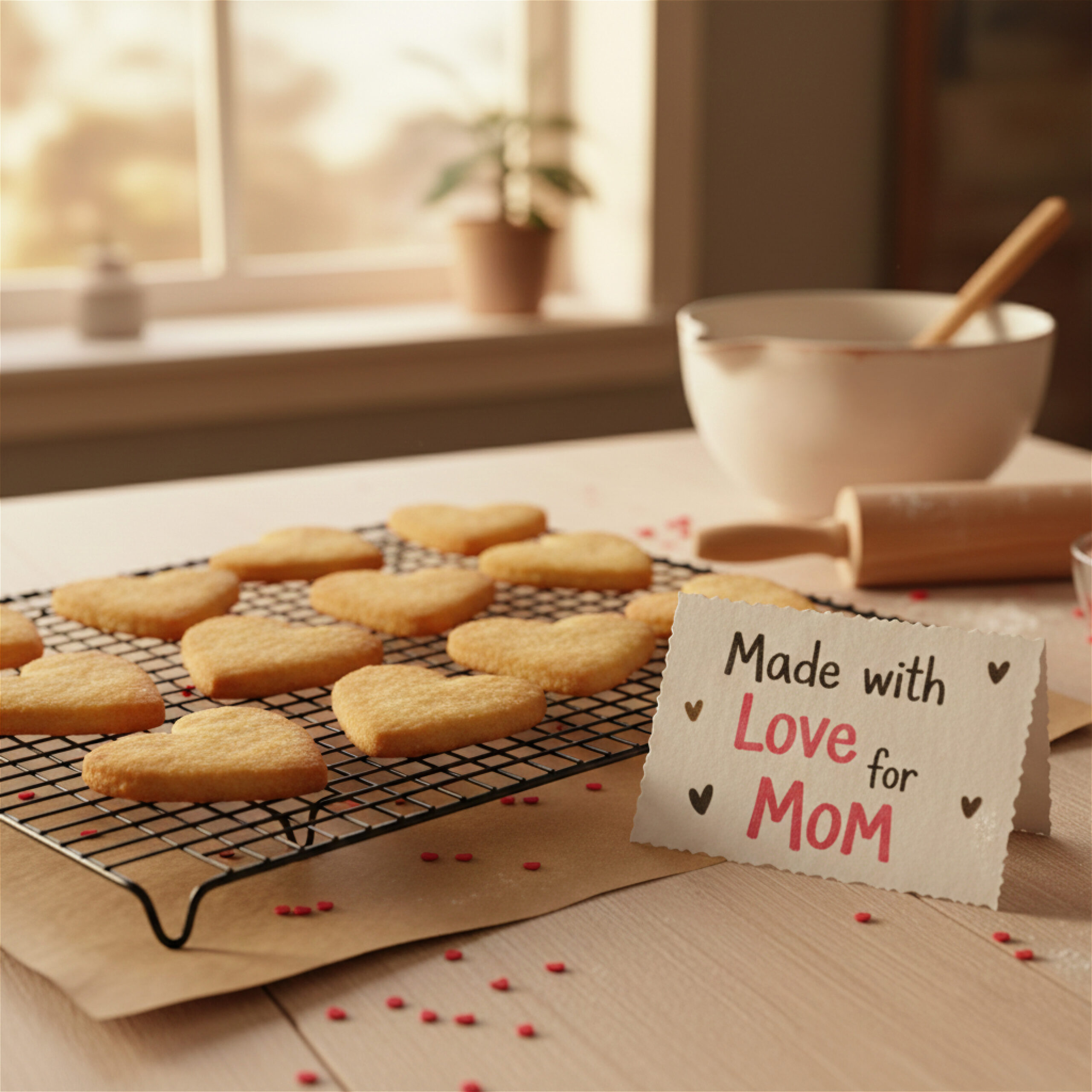 Heart-shaped cookies cooling on a rack, next to a "Made with Love for Mom" note. Sunlit kitchen setting with baking tools and a warm, loving vibe.