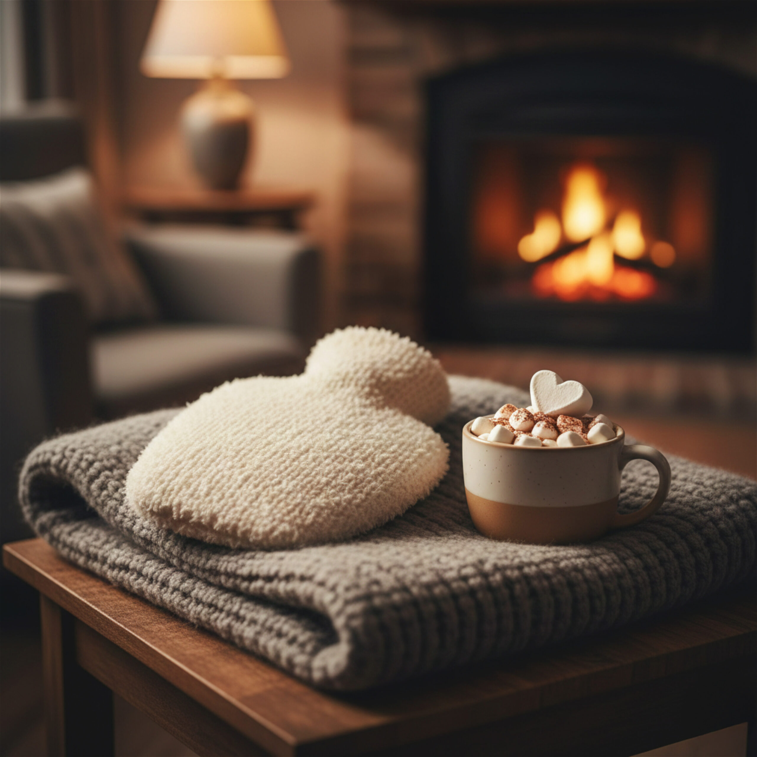 A cozy setting with a warm knitted blanket and hot water bottle on a wooden table. A mug of hot chocolate with marshmallows is placed beside, near a lit fireplace. This entire scene offers wonderful inspiration for Valentine's Day presents for mom.