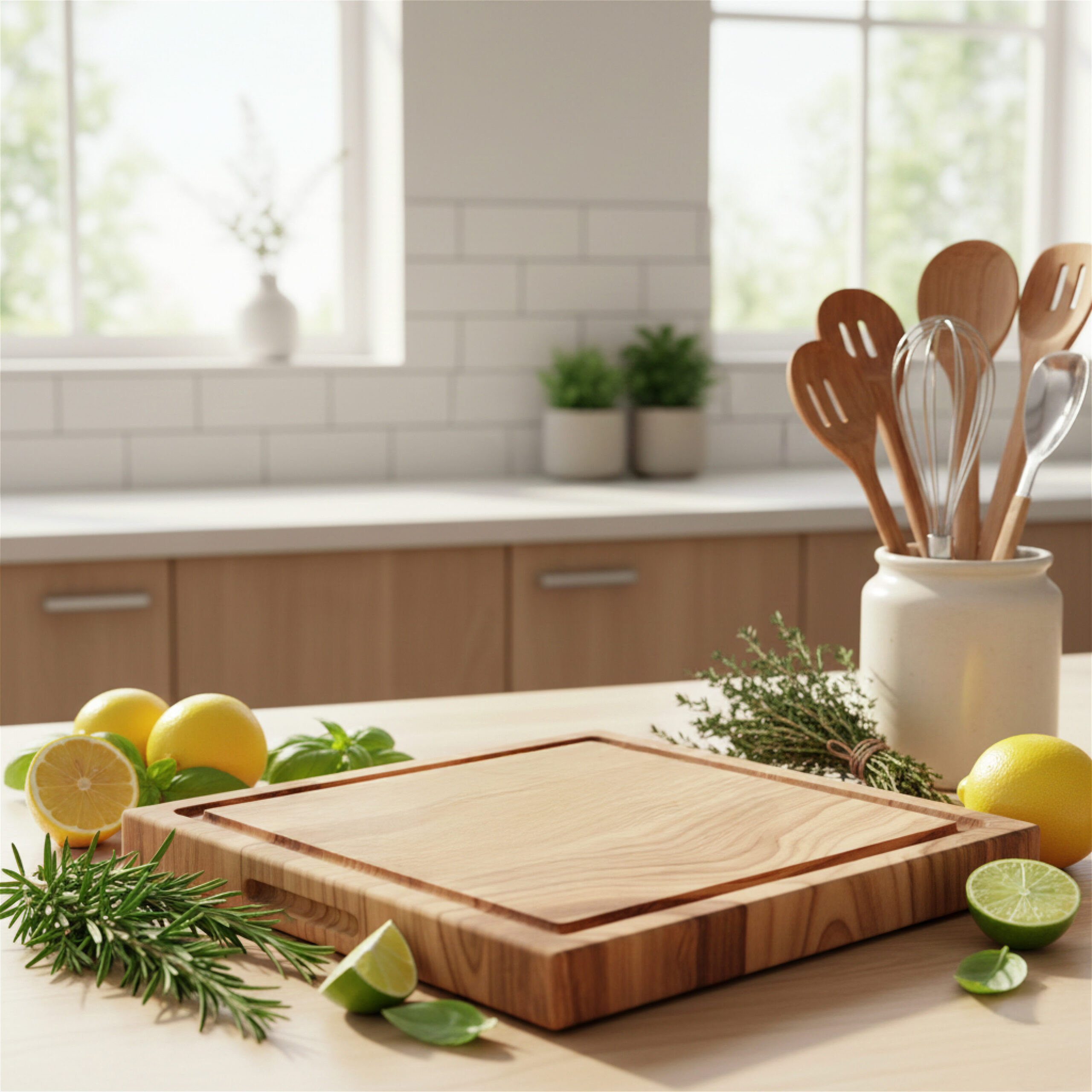 Sunlit kitchen scene with a wooden cutting board surrounded by fresh lemons, limes, and herbs. A ceramic jar holds kitchen utensils nearby.