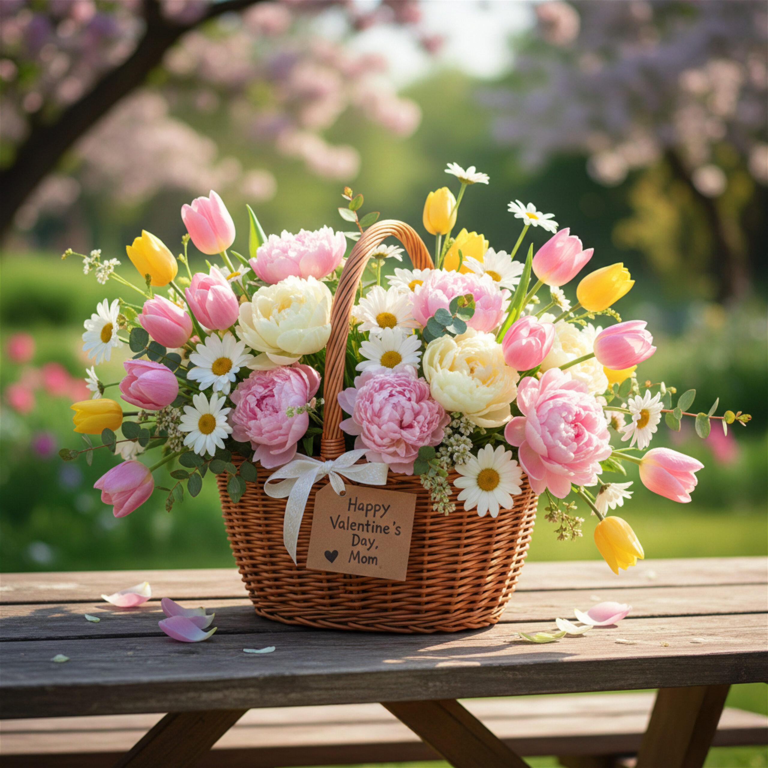 A wicker basket with pink peonies, yellow and pink tulips, and white daisies on a wooden table. It has a tag reading "Happy Valentine's Day, Mom."