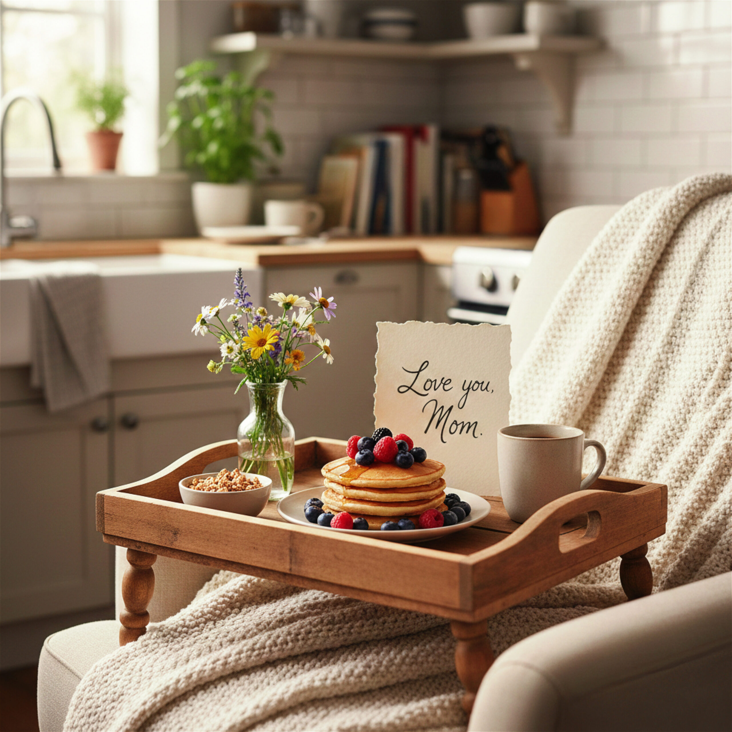 A cozy breakfast scene with a wooden tray holding pancakes with berries, a mug, cereal bowl, wildflowers, and a "Love you, Mom" note on a chair.