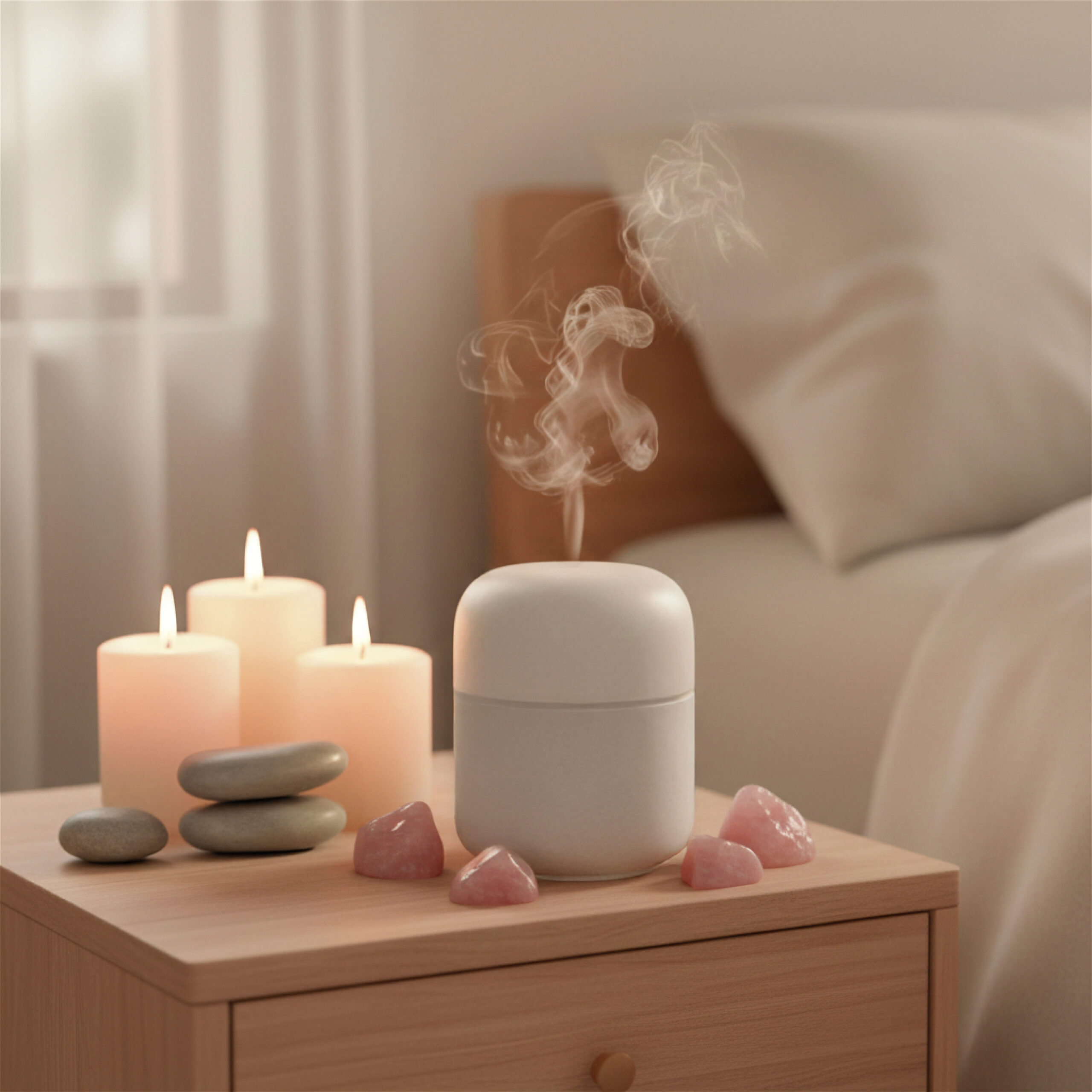 A serene bedroom scene with a diffuser emitting smoke on a nightstand, surrounded by lit candles, smooth stones, and pink crystals, creating a calming atmosphere.