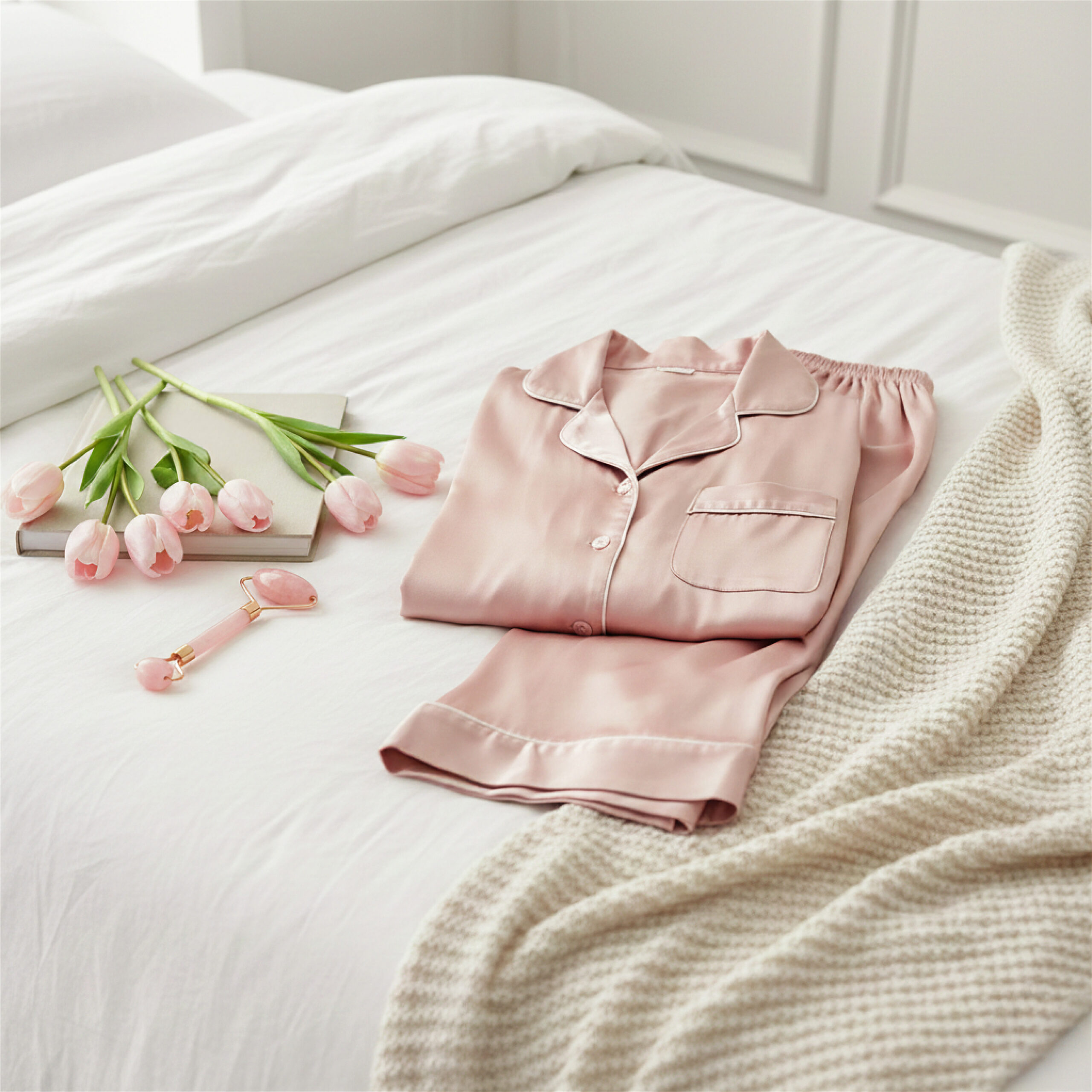 Soft pink pajamas are neatly folded on a white bed next to a bouquet of pink tulips, a rose quartz face roller, and a cream knit blanket, evoking calm and luxury.