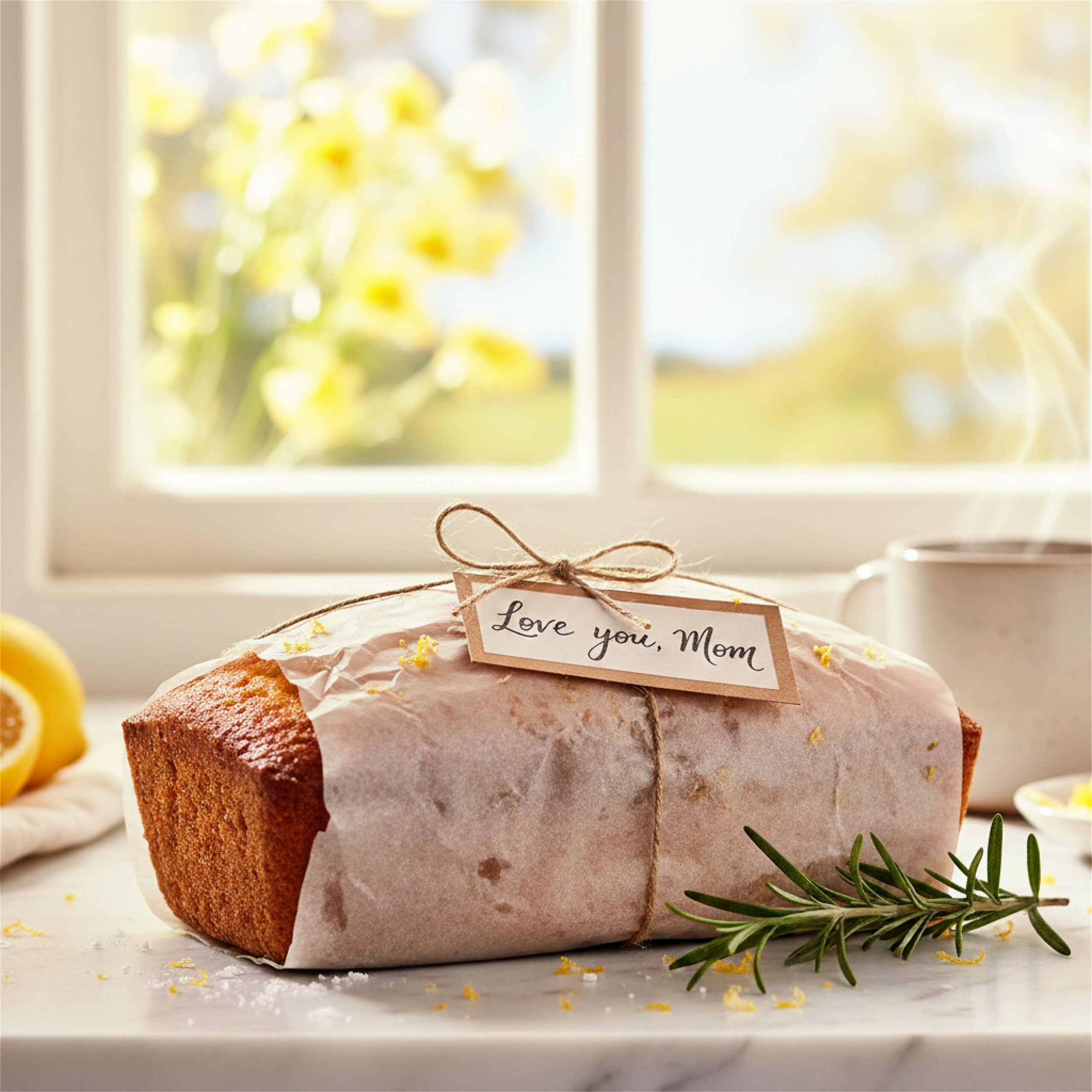 Loaf cake wrapped in parchment with a "Love you, Mom" tag, tied with twine. Bright setting with rosemary, lemon zest, flowers, and a steaming mug.