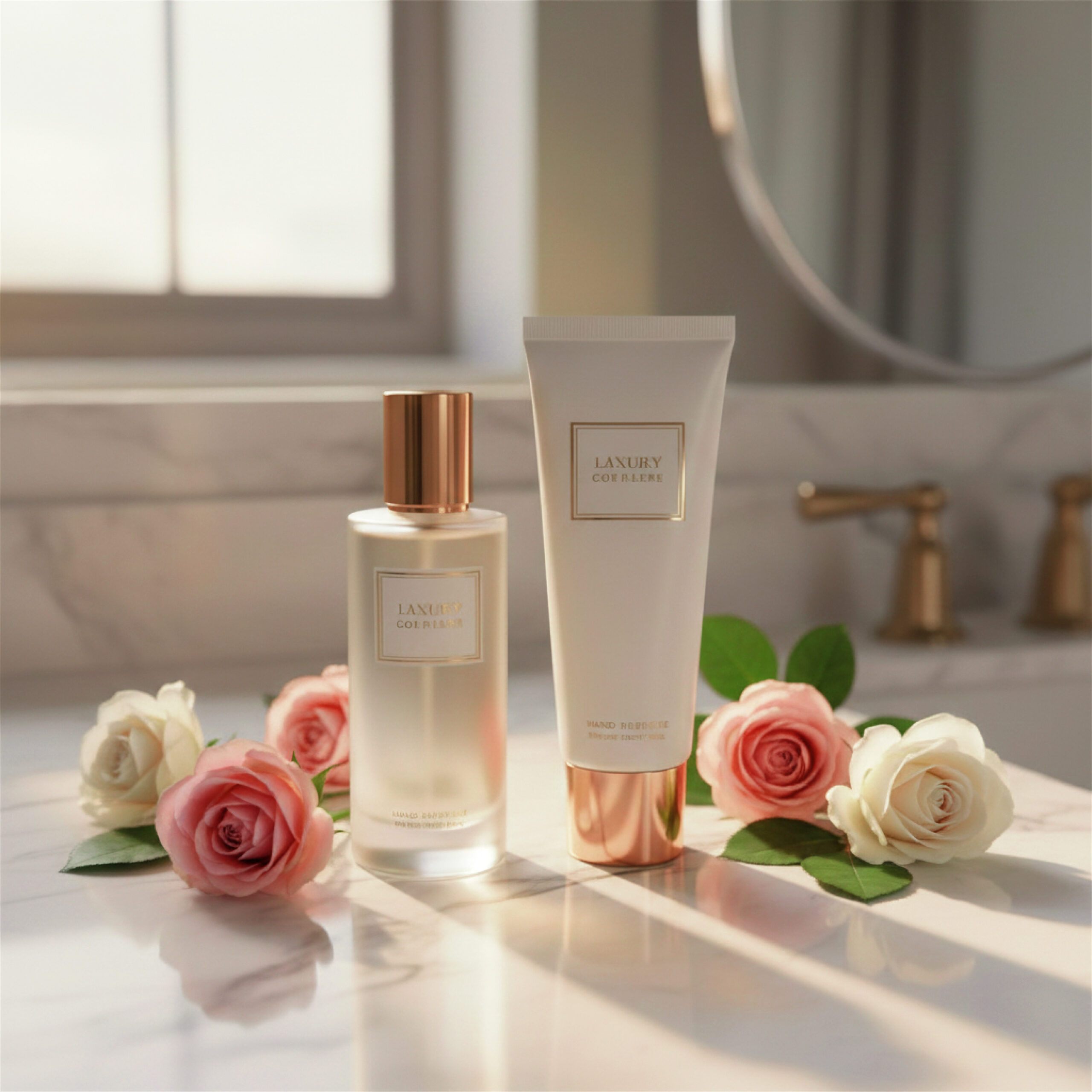 Elegant marble bathroom setting with a perfume bottle and lotion tube, both labeled "Luxury Coeur." Surrounded by soft pink and white roses, this evokes luxury and freshness, making it one of the most desired Valentine's Day presents for mom.