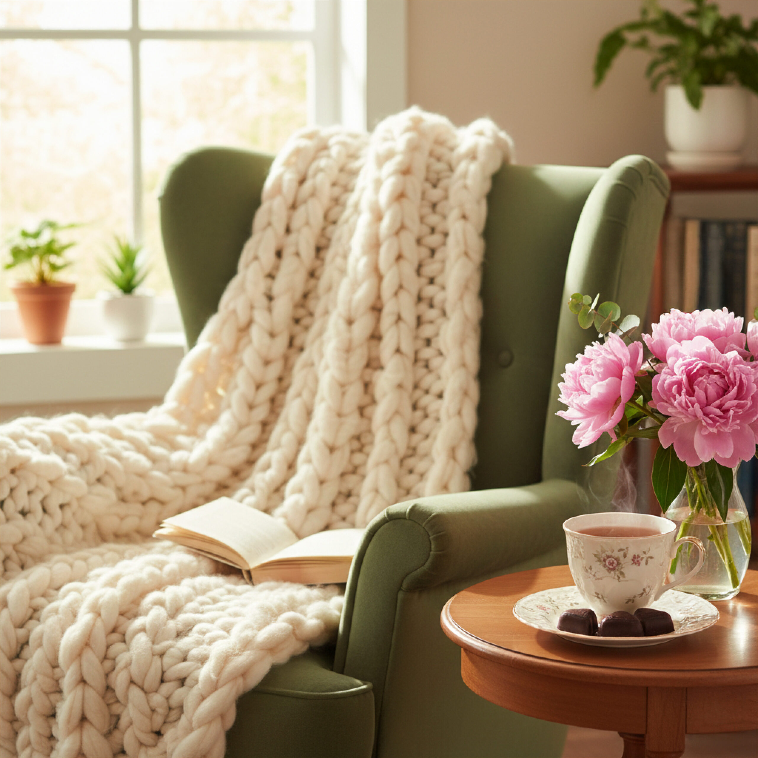 A cozy scene with a green armchair draped in a chunky white knit blanket, an open book, a wooden table with a teacup, chocolates, and pink flowers nearby, creating a warm, inviting atmosphere.