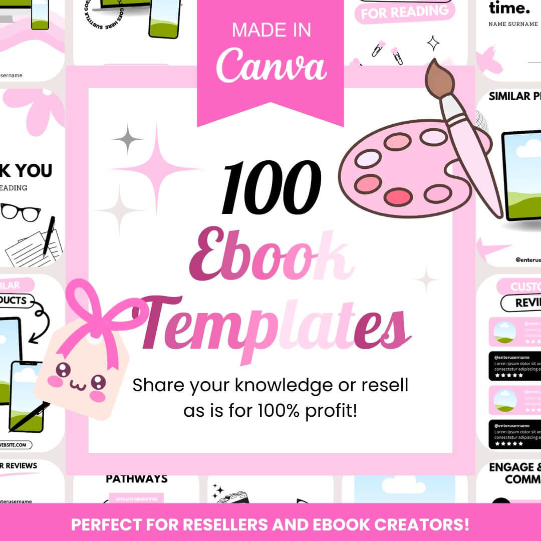 Colorful Canva banner showcasing 100 eBook templates with pink tones, a paint palette, and sparkles, targeted at resellers and creators.