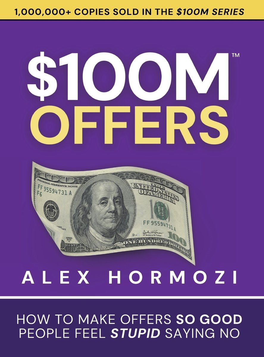 Purple cover of 100M Offers by Alex Hormozi featuring a 100 dollar bill