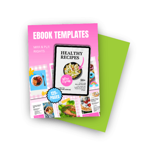 Pink and green eBook cover titled 'EBOOK TEMPLATES' featuring a tablet displaying 'Healthy Recipes' with colorful meal photos and text '125+ Pages.'