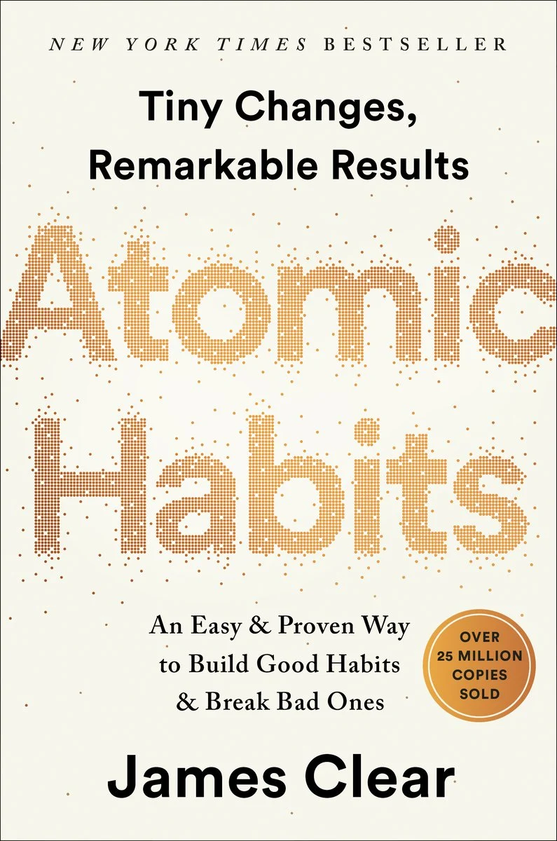 Cover of Atomic Habits by James Clear with dotted title letters and over 25 million copies sold sticker