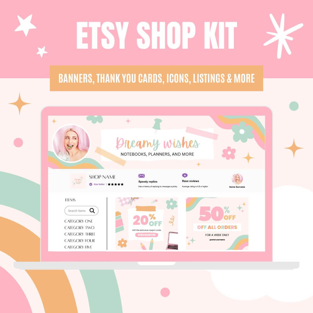 Pink and pastel Etsy shop kit design showcasing banners, thank you cards, and listings, with a laptop screen displaying the 'Dreamy Wishes' shop interface.