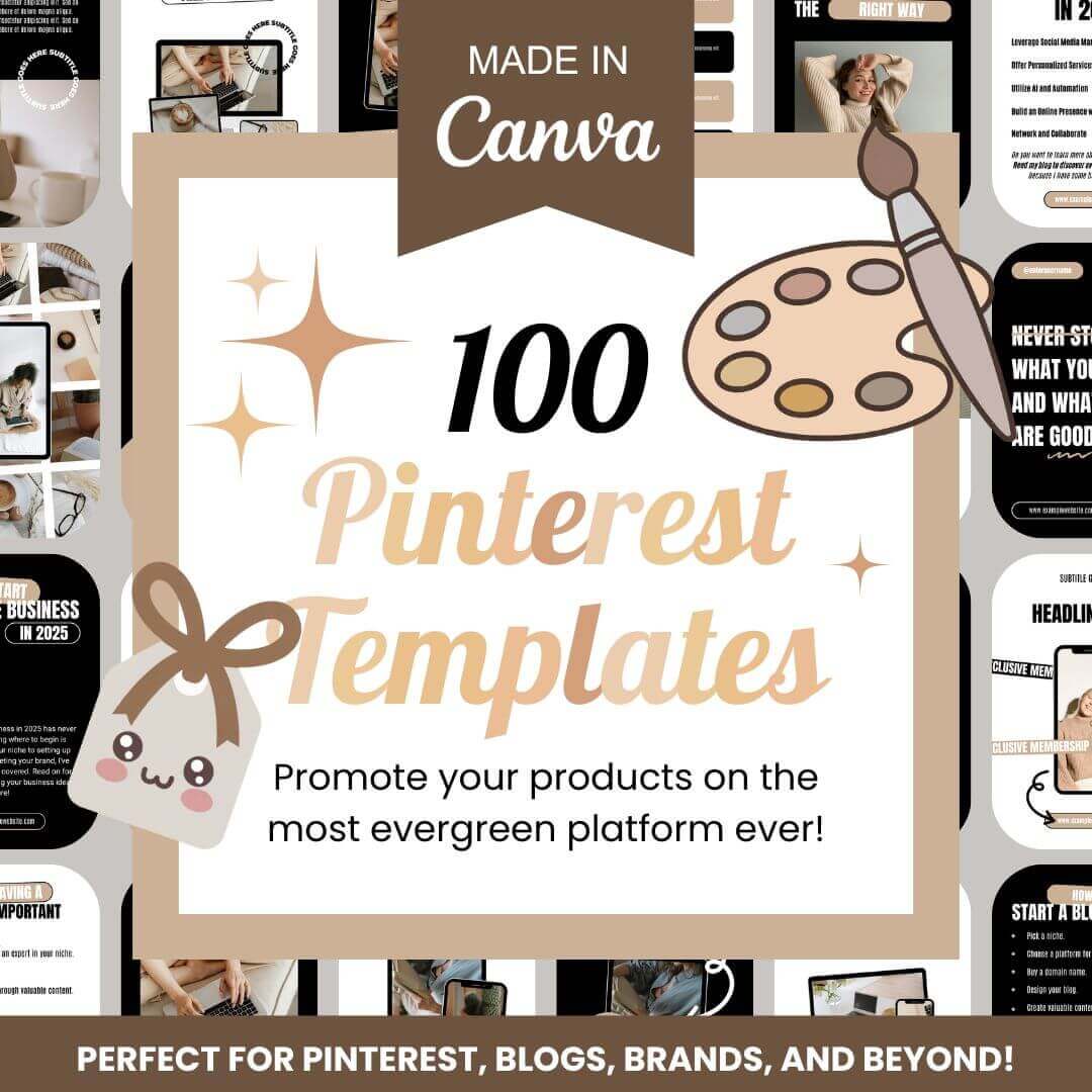 Graphic promoting 100 Pinterest Templates made in Canva, with stars and a paint palette, showing template thumbnails for Pinterest, blogs, and brands.