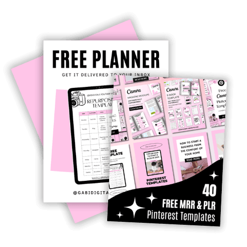 Promotional image featuring a free planner offer and 40 Pinterest templates. The design uses a pink and black color scheme, conveying a modern and creative tone.
