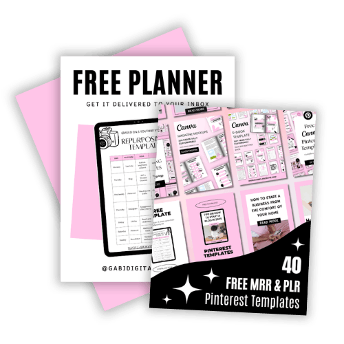 Promotional image featuring a free planner offer and 40 Pinterest templates. The design uses a pink and black color scheme, conveying a modern and creative tone.