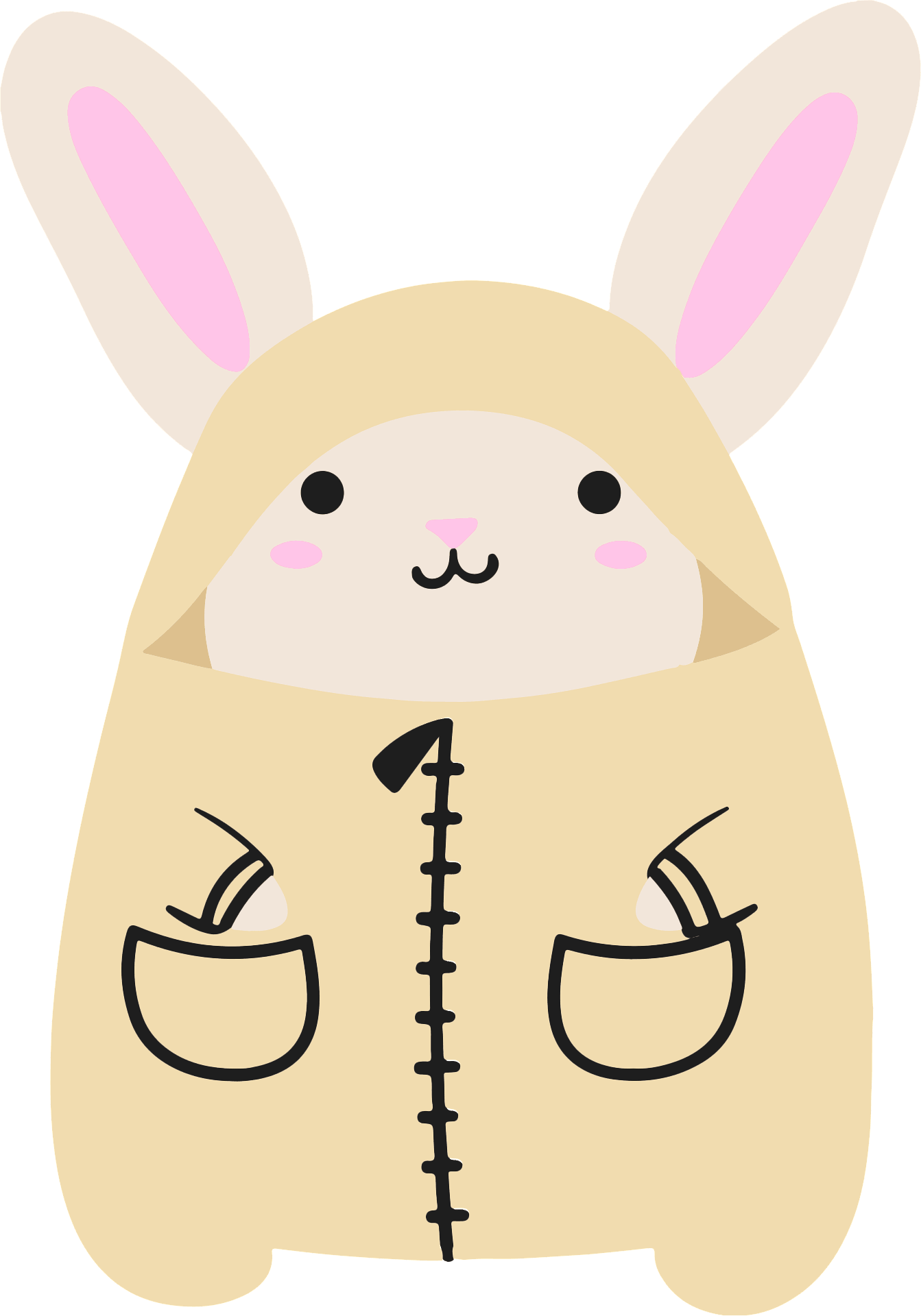 Cute cartoon rabbit wearing a beige hooded coat with black details and pockets, with ears popping out and a cheerful expression.